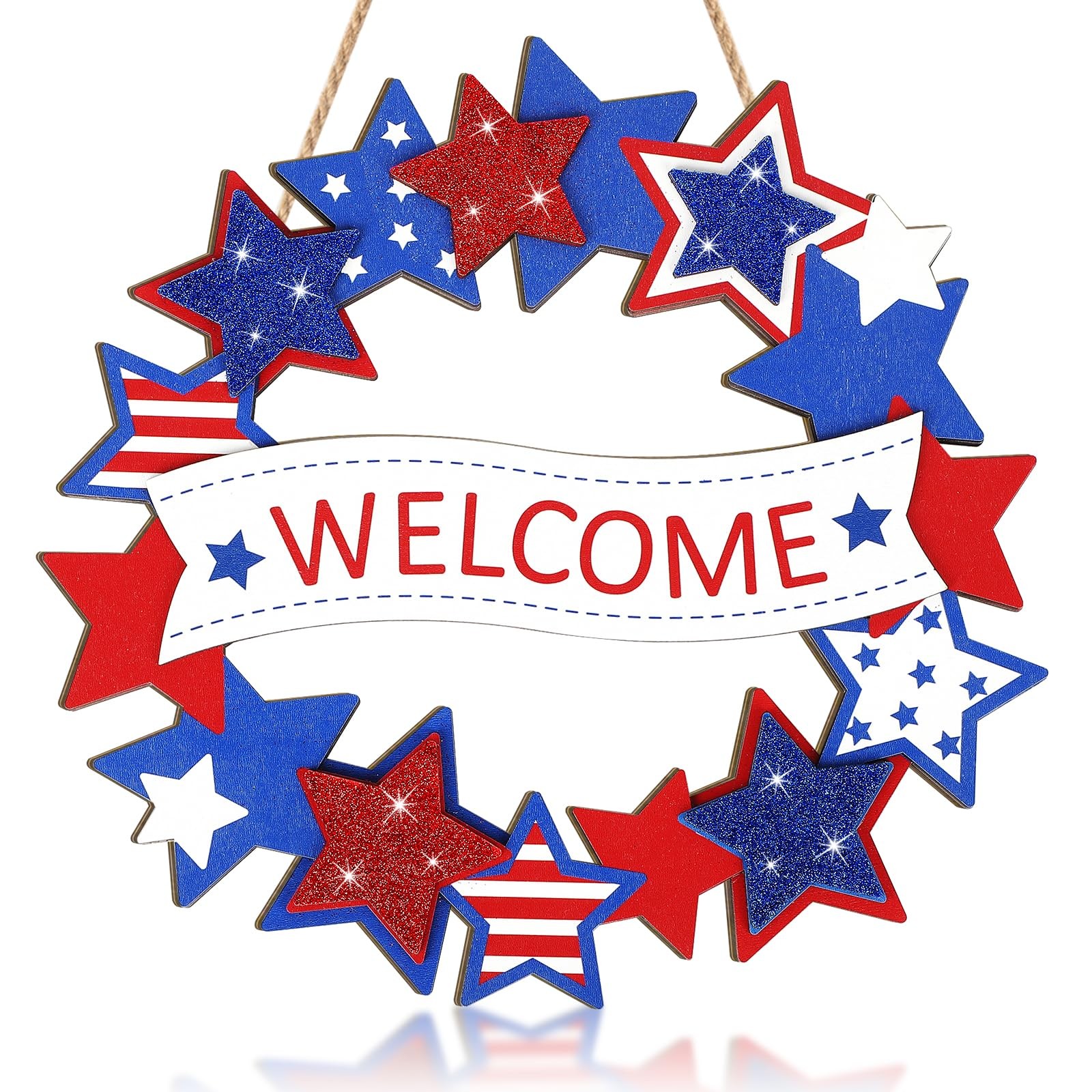 Wooden 4th of July Decoration Door Wreath for Front Door Sign Star Wall Signs, Q