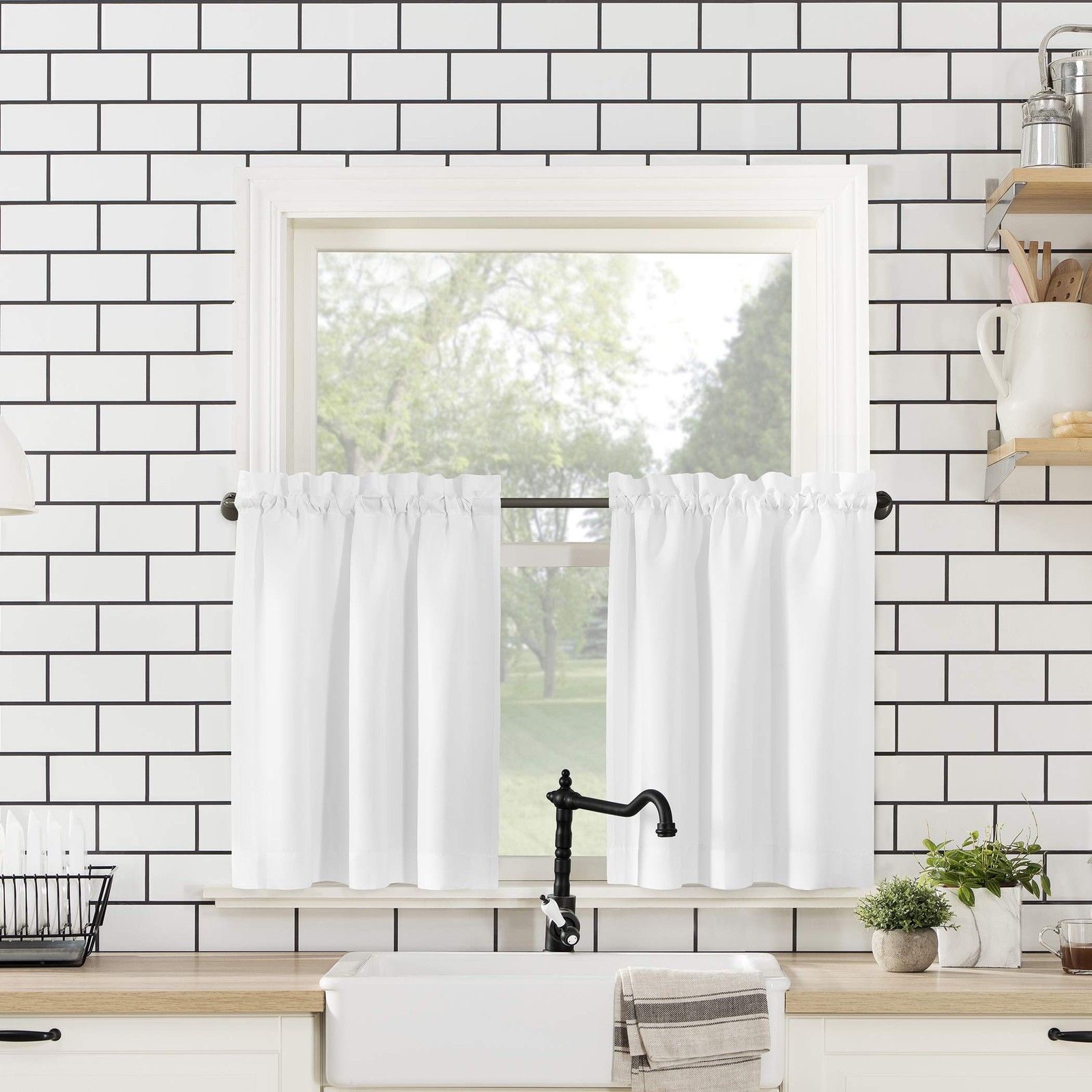 No 918 Martine White Microfiber Semi Sheer Kitchen Curtain Set 24×54 Inches
