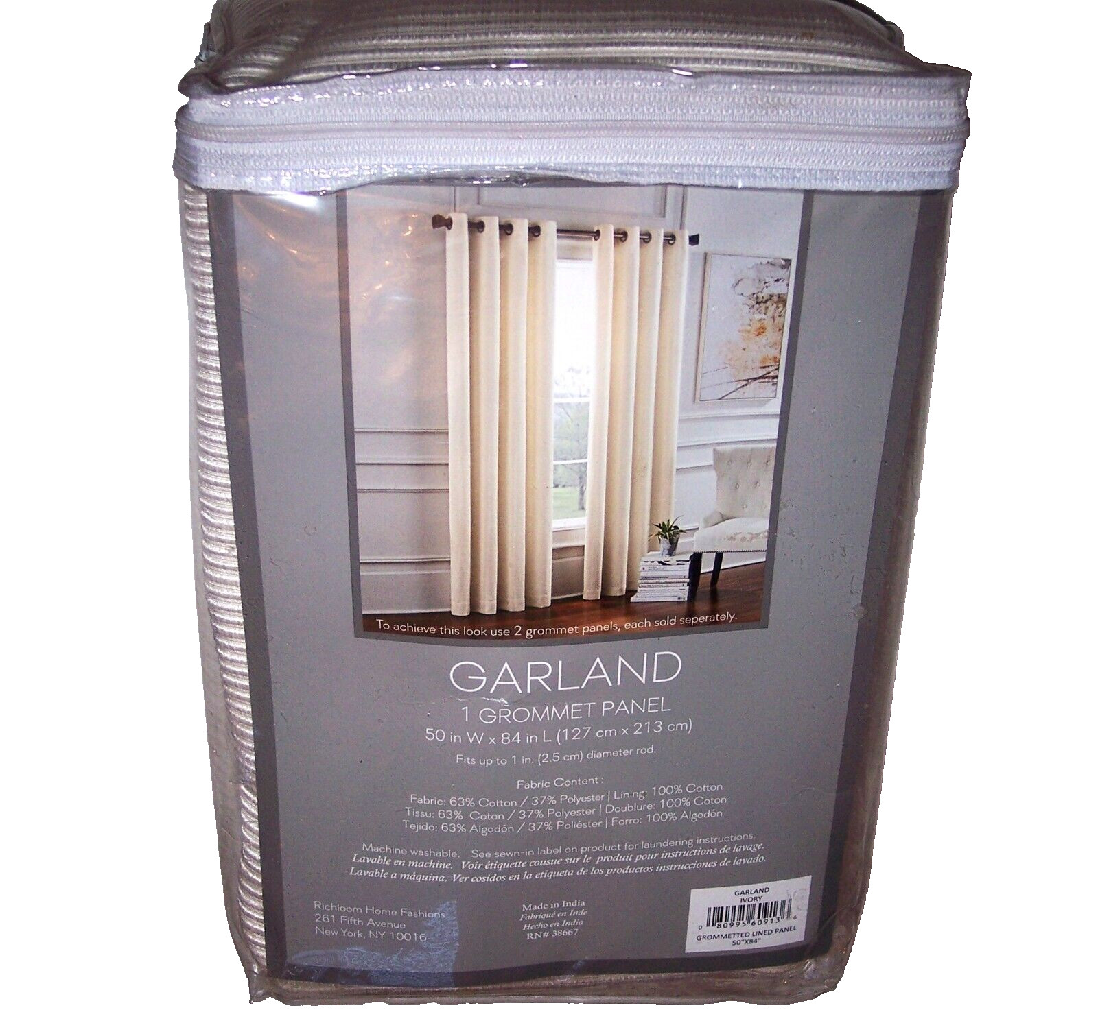 NEW Garland Room Darkening Lined Grommet Top Curtain One Panel Ivory Cotton Poly