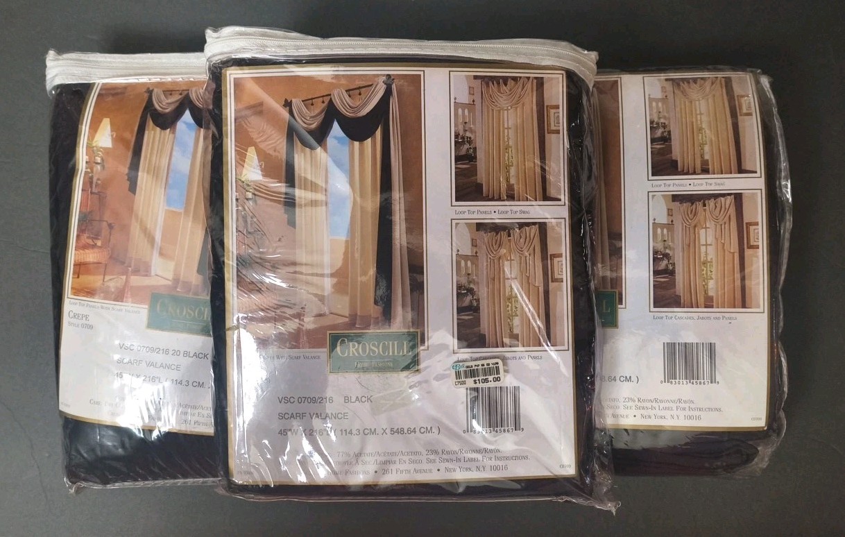 JCPenny Croscill Classics 3 Black Scarf Valances 45″ W X 216″ L NEW SEAL