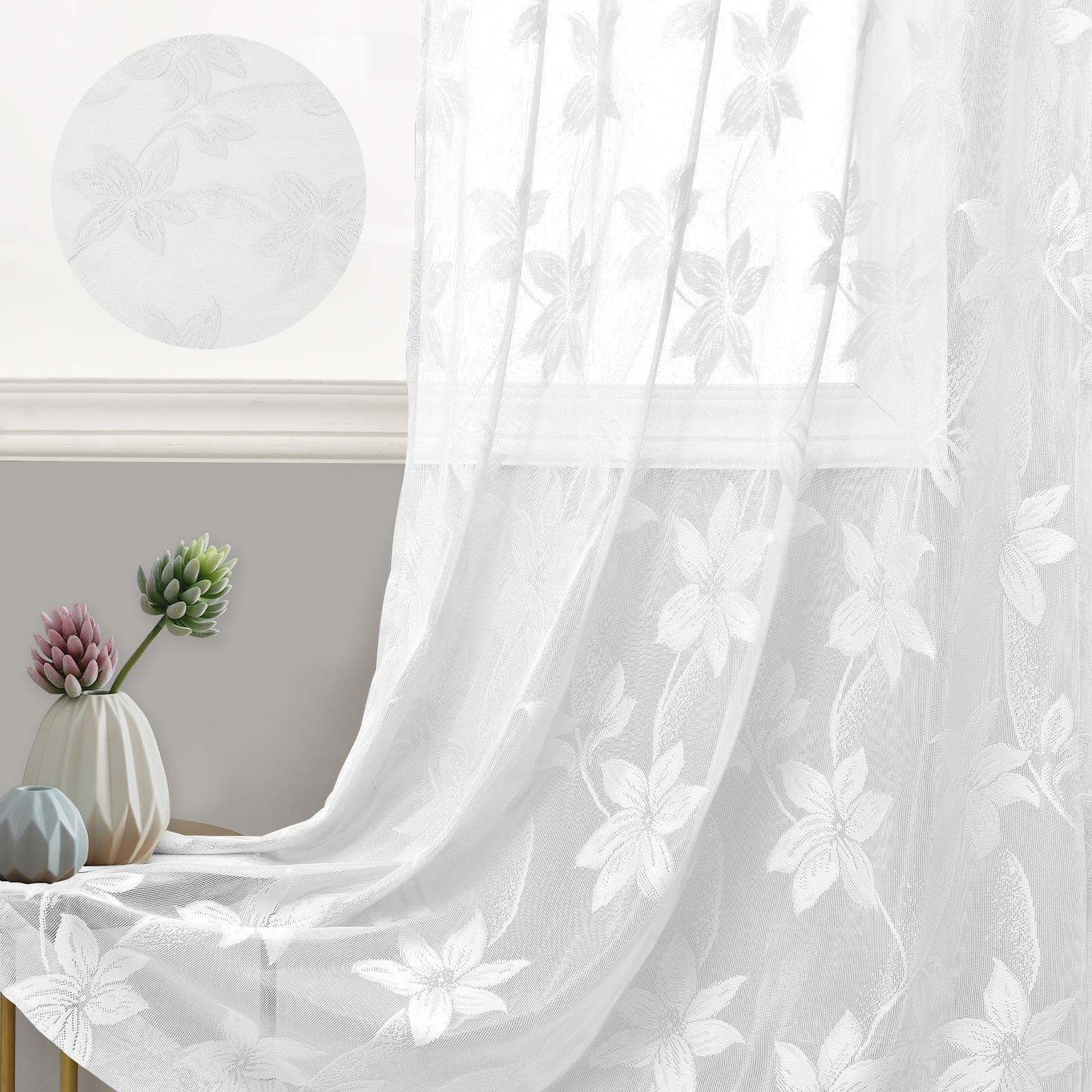 White Floral Lace Sheer Curtains – Rod Pocket Window Voile Sheer Drapes for B…