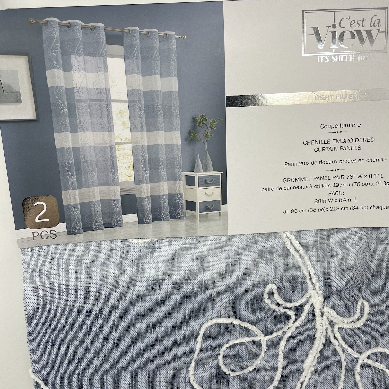 Dainty Home C’est La View Silvia Chenille Embroidered Blue Curtains 38×84