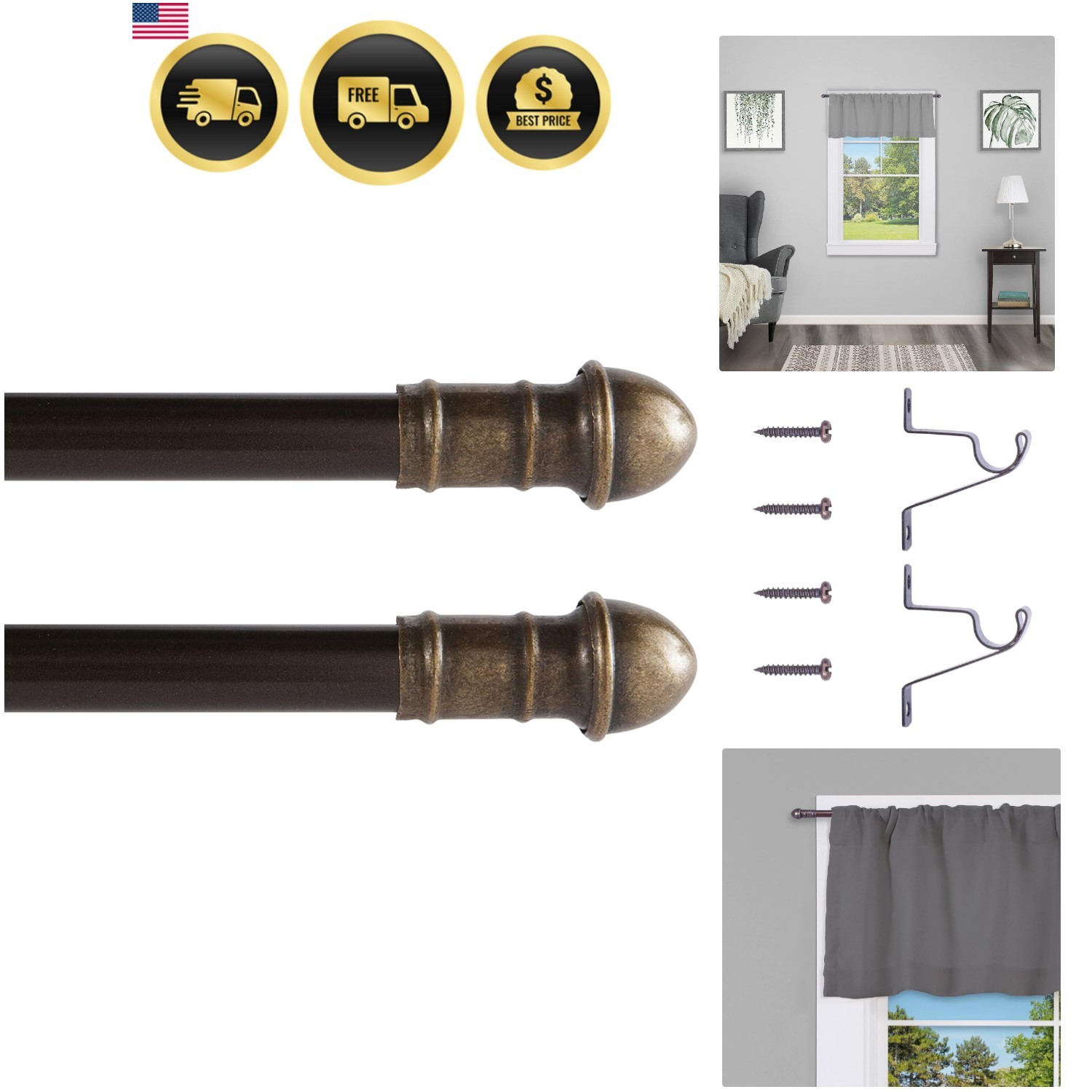 28-48 in. Adjustable Petite Café Curtain Rod, 2-Pack, 7/16 in. Diameter, Bronze