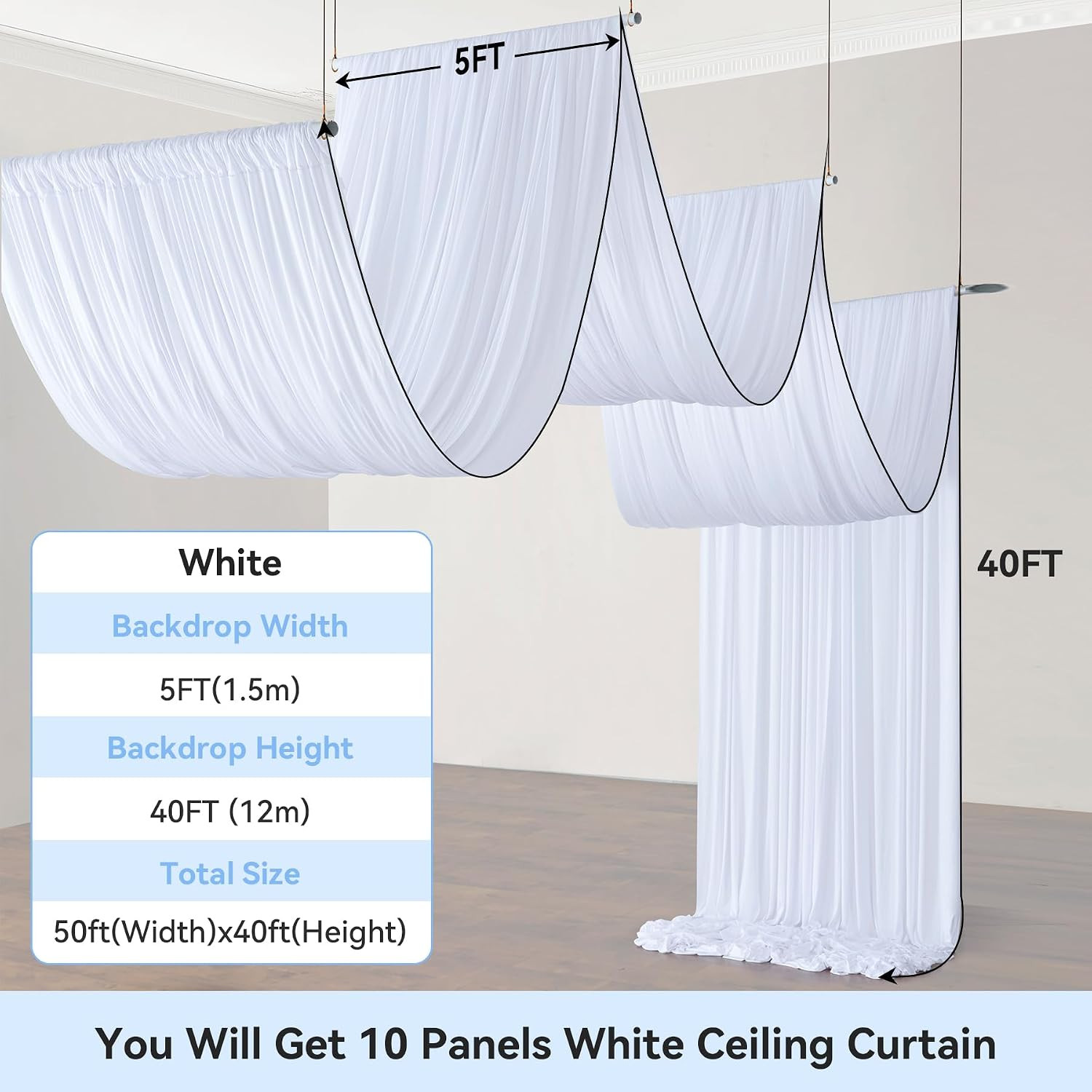 50Ft×40Ft White Ceiling Drapes for Weddings Parties,10 Panels 5×40Ft Long Ceilin