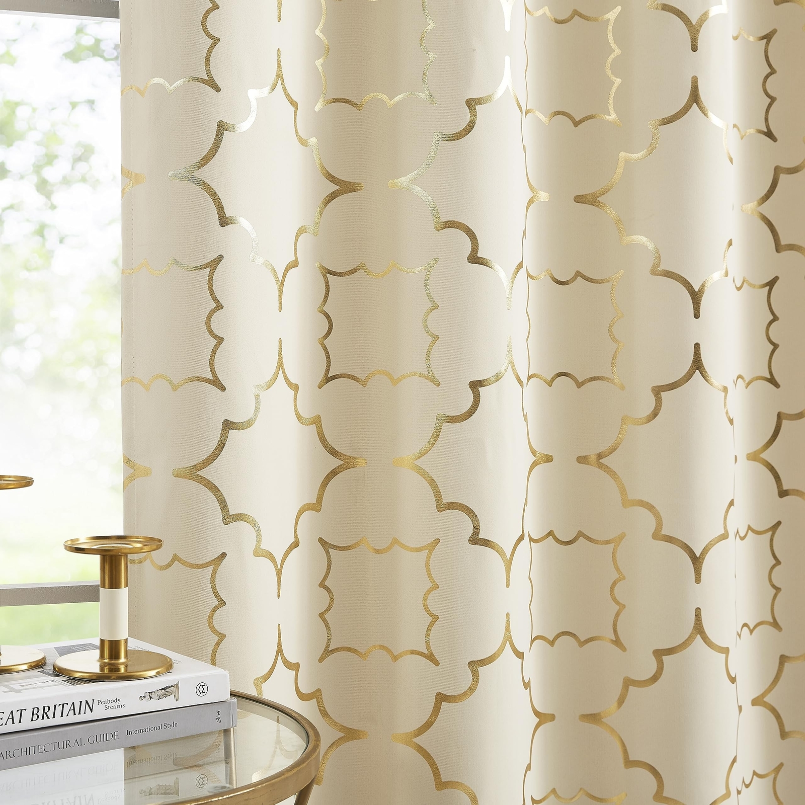 Beige Blackout Curtain Panels for Bedroom 84″ Gold Foil Moroccan Metallic Pri…