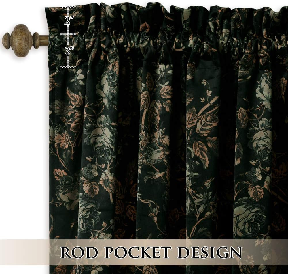 Luxury Black Velvet Floral Curtains 102″ Long, 2 Panels for Home Decor