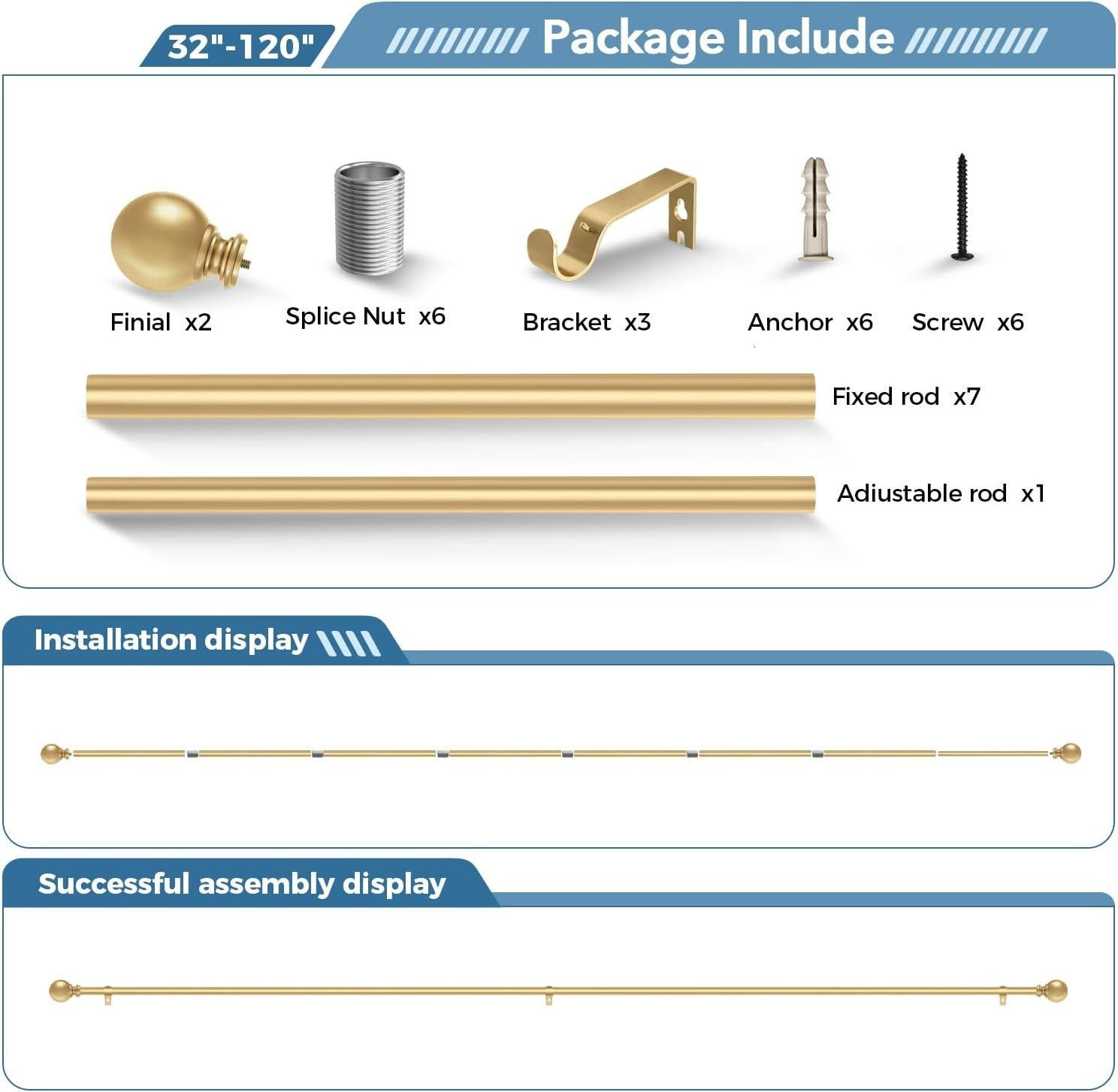 Gold 5/8″ Diameter Adjustable Rod With Classic Round Finials,For Windows 66-120″