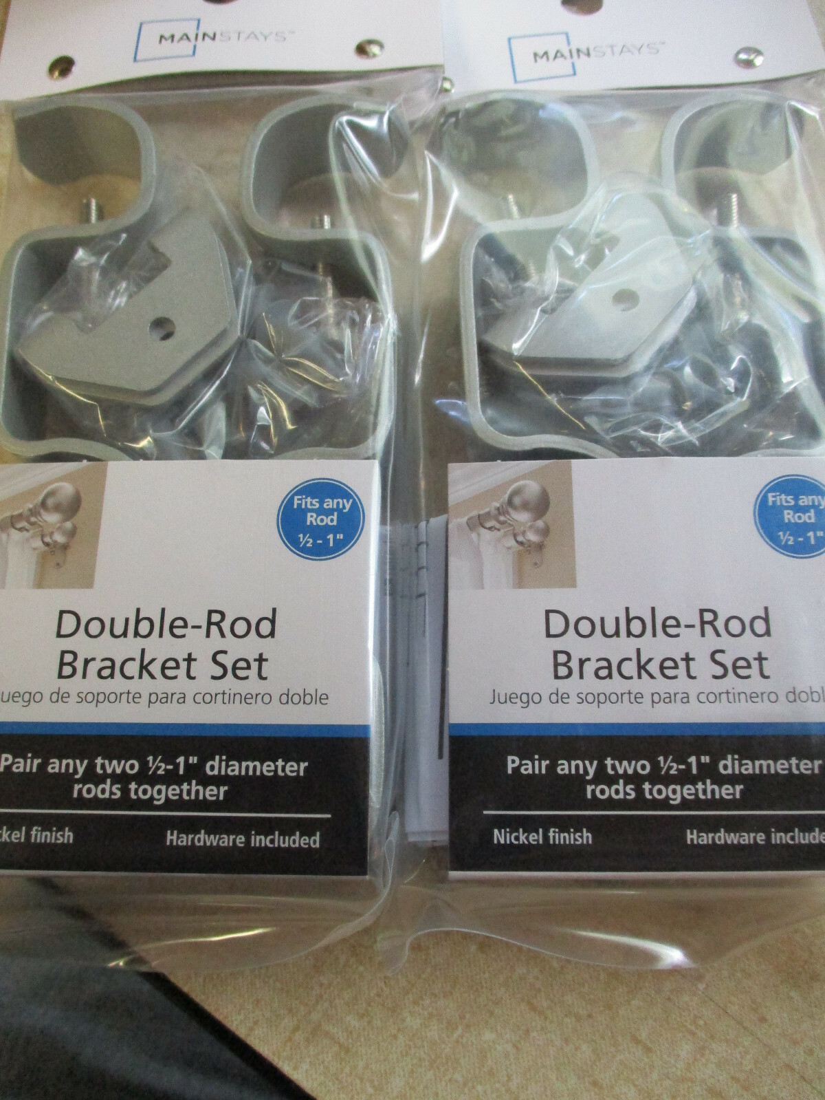 LOT OF 4 PACKS Double Curtain Rod Brackets 1/2″ to 1″ RODS 2 EACH PK NICKEL S4