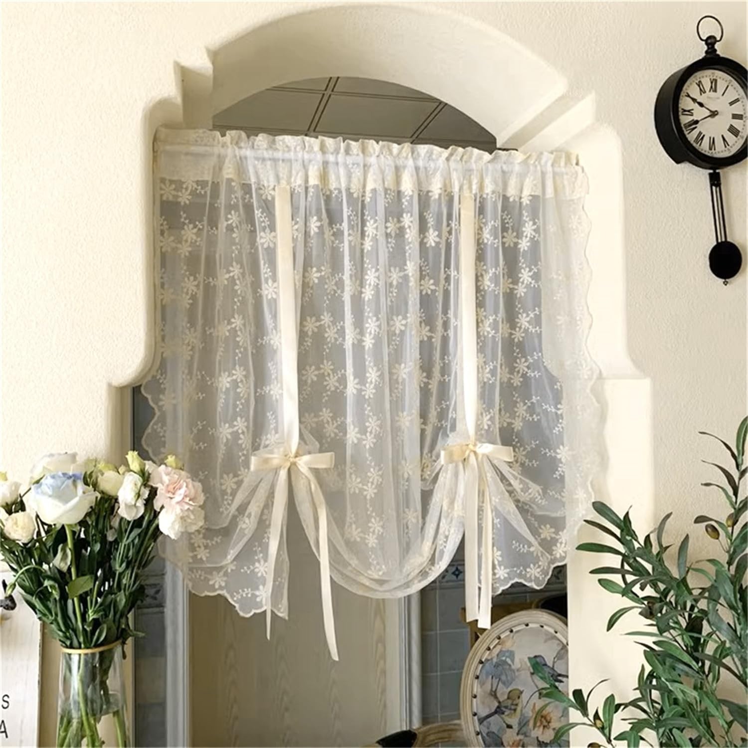 Bowknot Tie Up Kitchen Curtain Floral Balloon Lace Sheer Curtain Tiers for Sm…