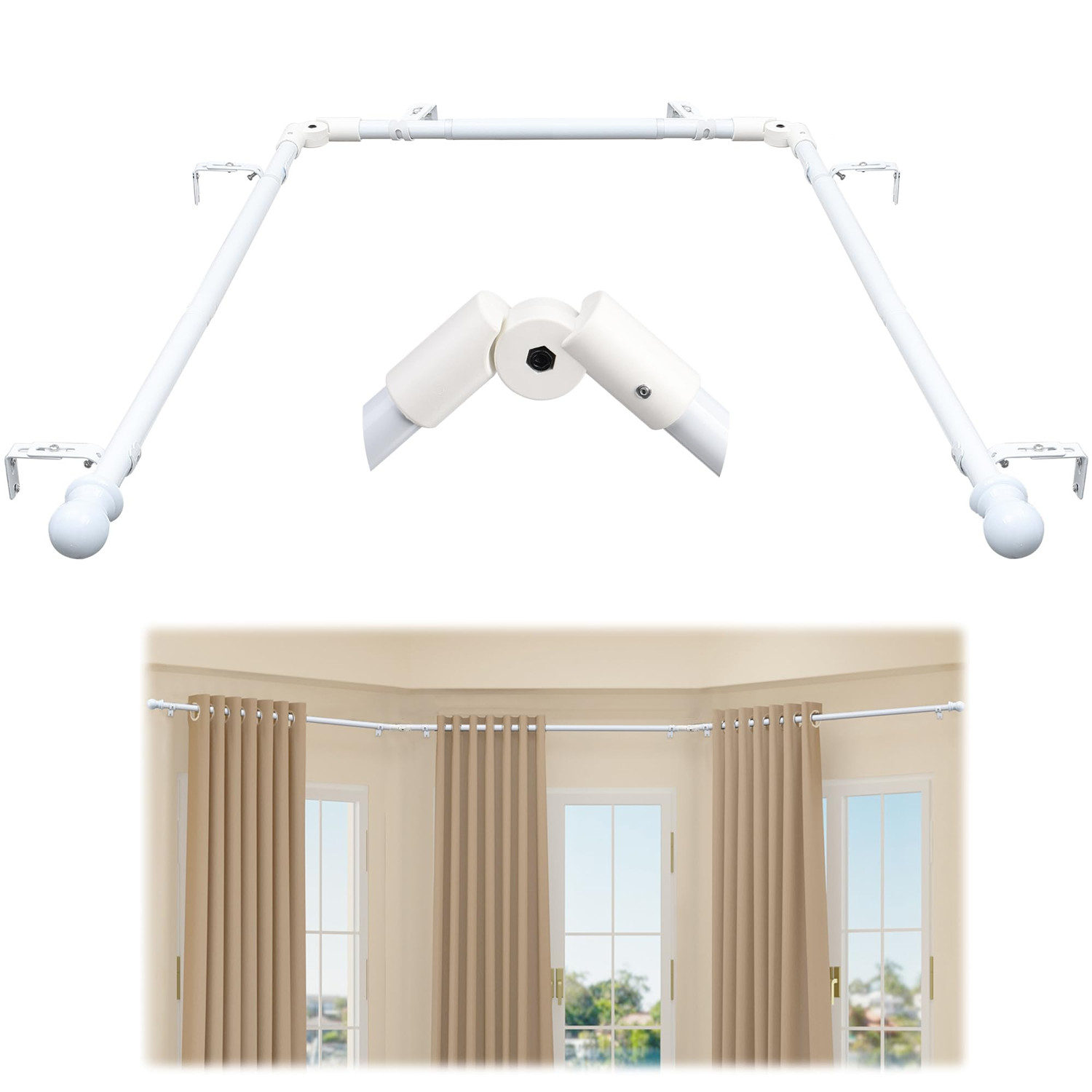 U Shape Heavy Duty Curved Curtain Rods for 3 Bay Windows adjust to fit most size