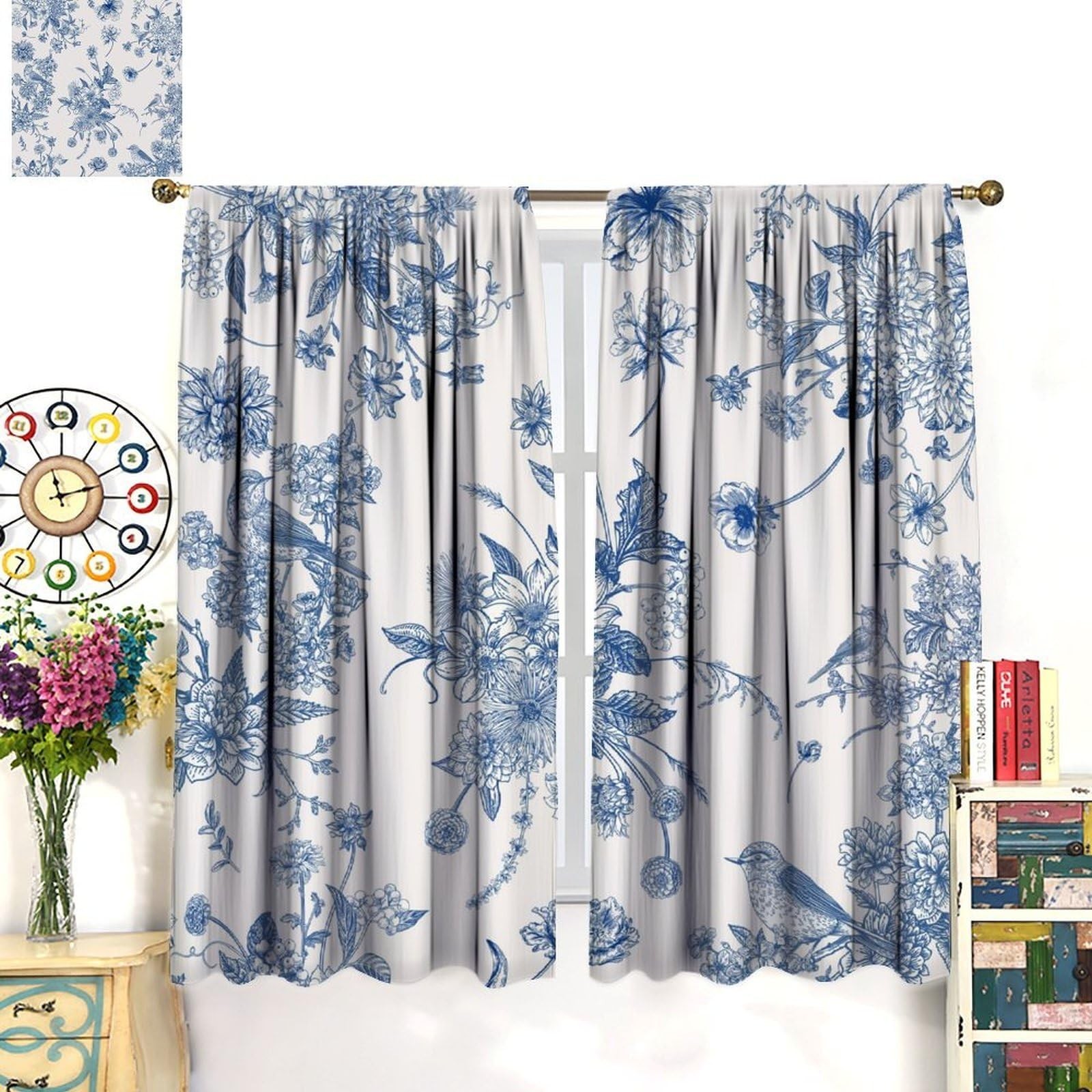 Blue Floral Bird Curtains, Boho Vintage Navy White Flowers Bird Chinoiserie A…
