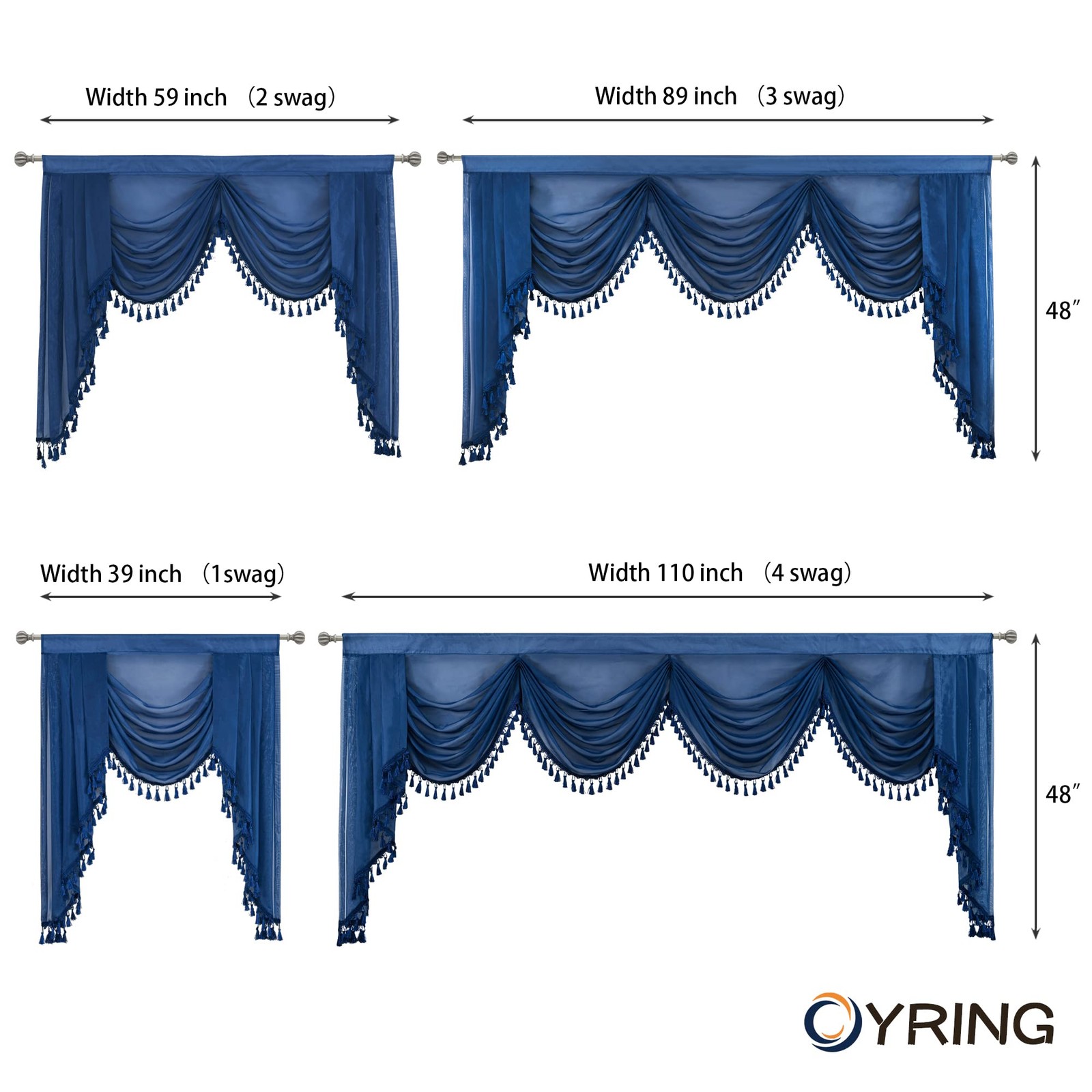 Oyring Navy Blue Waterfall Sheer Window Valances For Living Room Decor Tassels