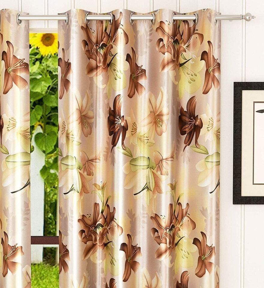 3 Piece Brown Floral Printed Eyelet Ringtop Door Window Curtains Set 5 7 9 Feet