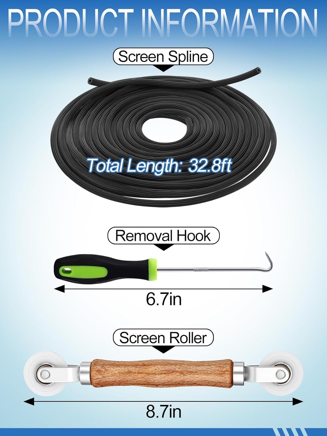 Screen Repair Kit – 3 in 1 Screen Tools Including Roller, 0.14in x 32.8ft