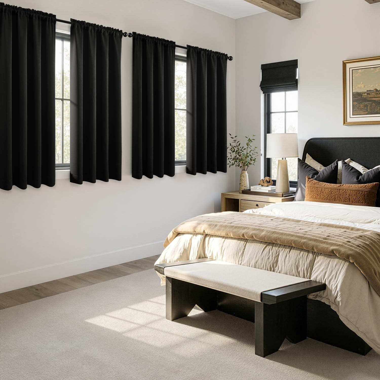 Blackout Curtains 4 Panels Sets Black 63 Inch Length, Top and Bottom Rod Pock…
