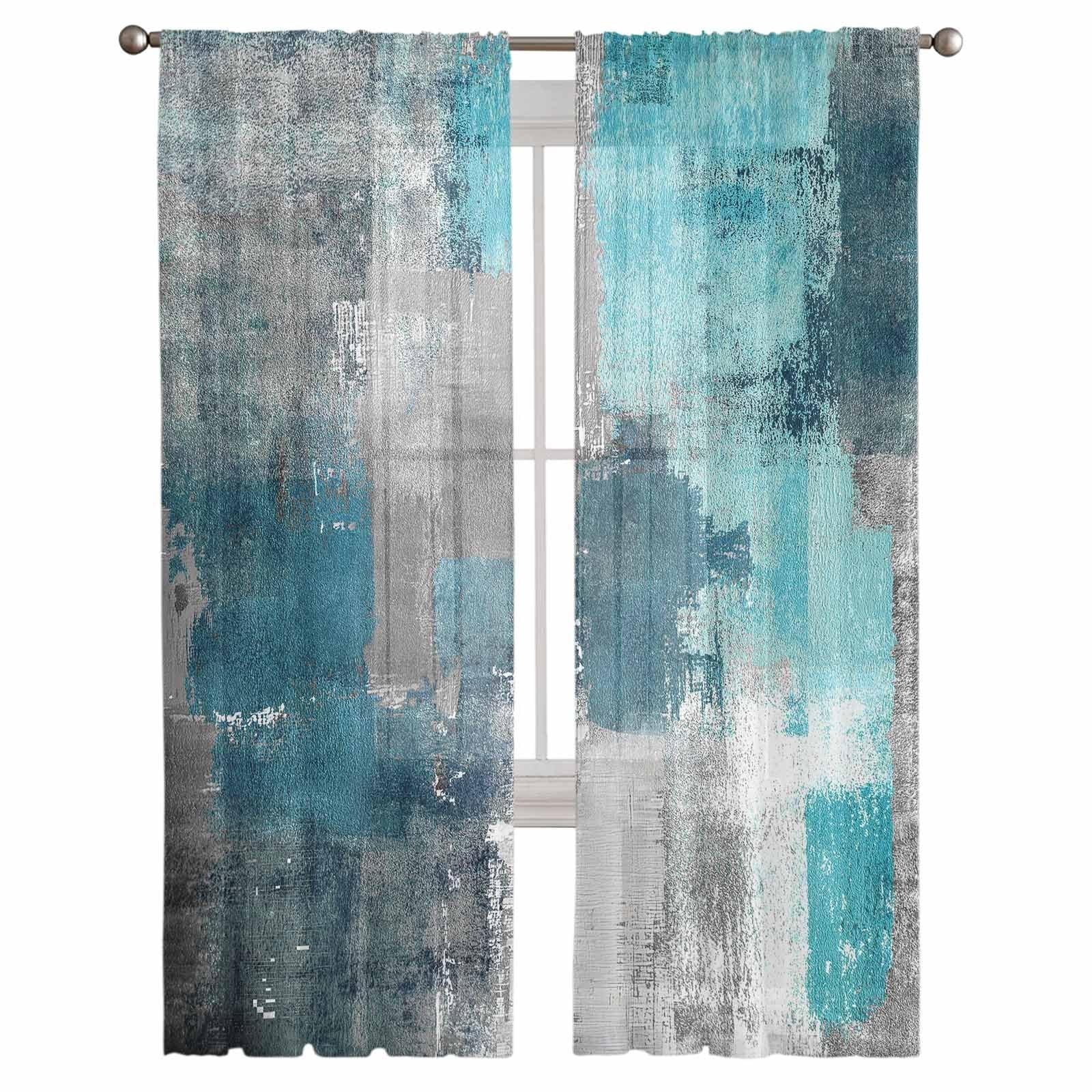 Turquoise Blue Grey Sheer Curtains 72 Inch Length 2 Panels Set for Living Roo…