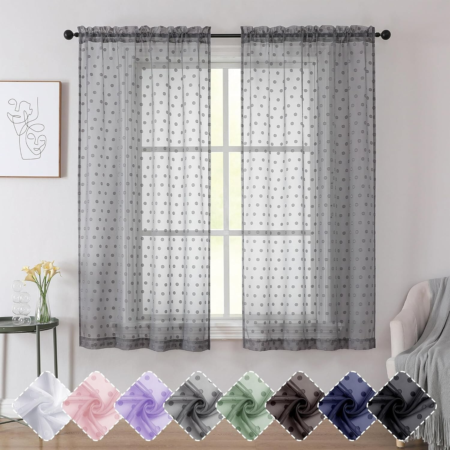 Simplebrand Polka Dots Grey Sheer Curtains 63 Inch Length 2 Panels, Elegant Airy