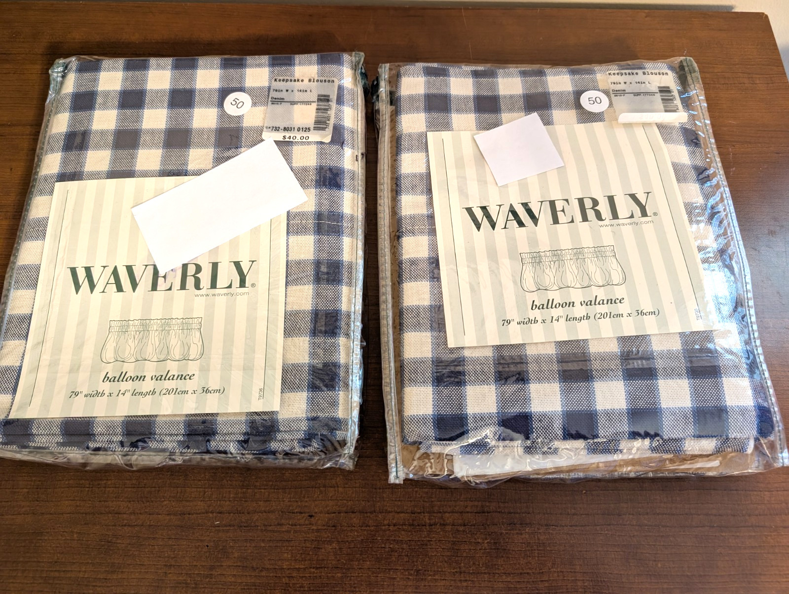 JCP 2 pr WAVERLY Keepsake-Check Denim Balloon Valance Blue & White 79″x14″ NIP
