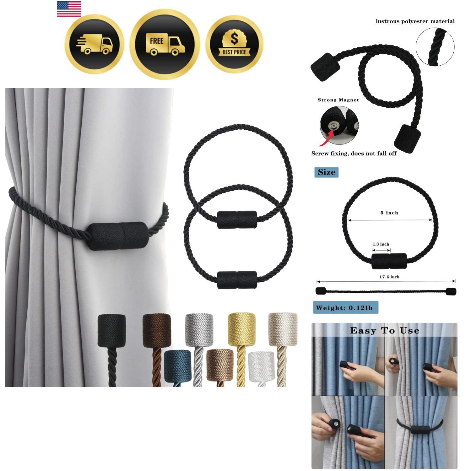 2 Pack Black Strong Magnetic Curtain Tiebacks Outdoor Elegant Decorative Tie …
