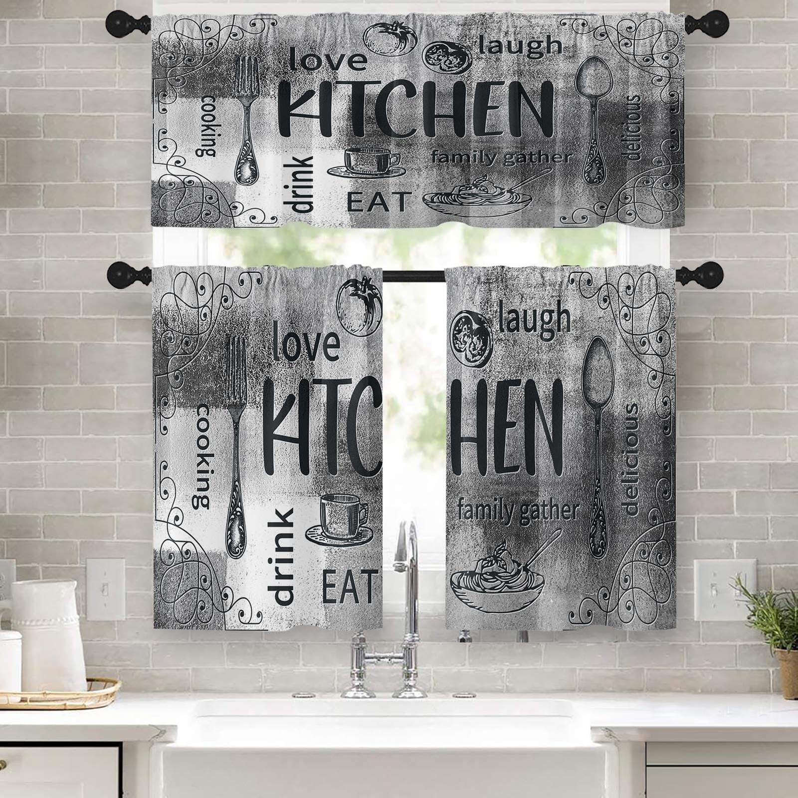 Farmhouse Chef Kitchen Window Curtains Valance and Tier Set, Modern Doodle Ab…