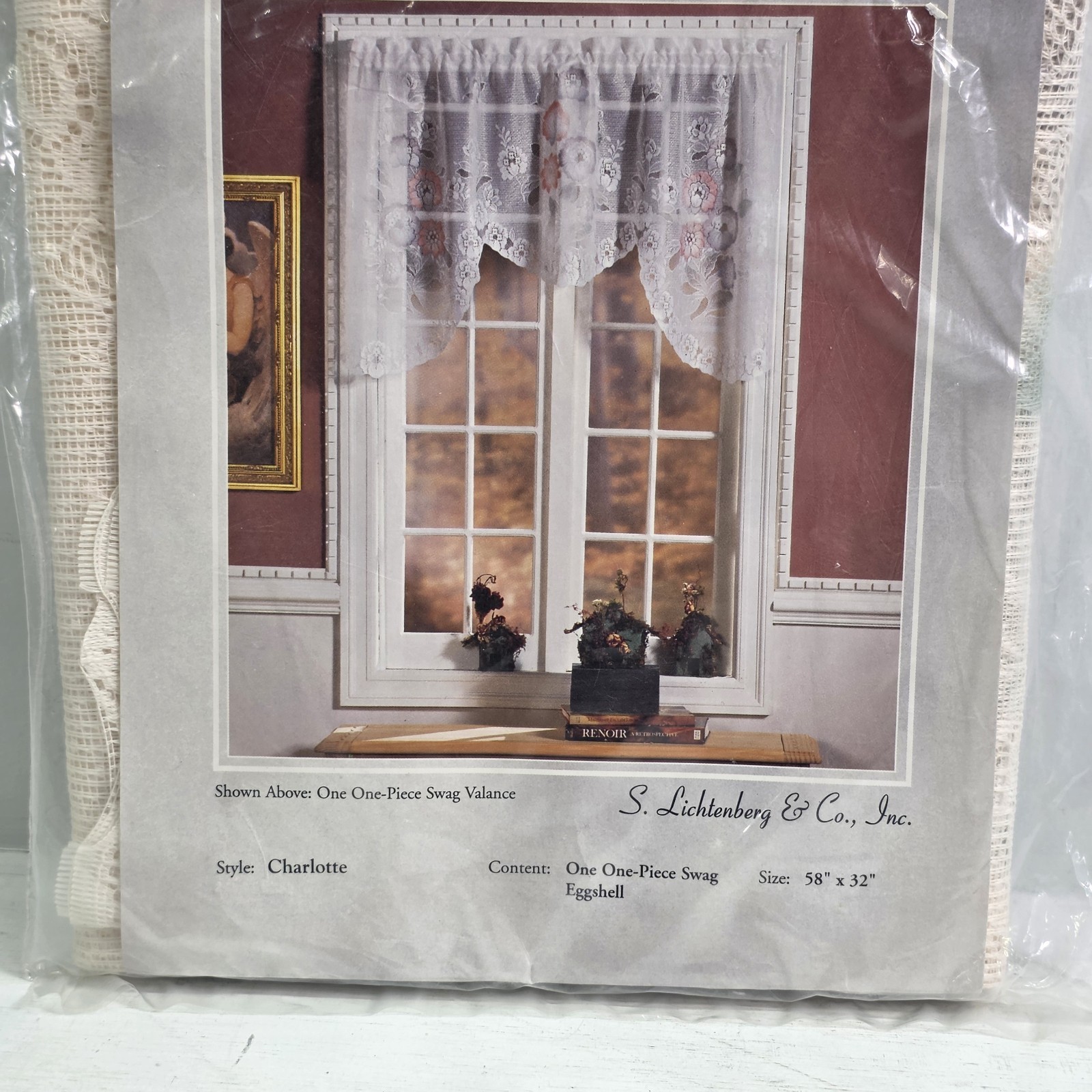 S. Lichtenberg Charlotte Floral Hand Painted Lace Eggshell Swag Valance 58 x 32″