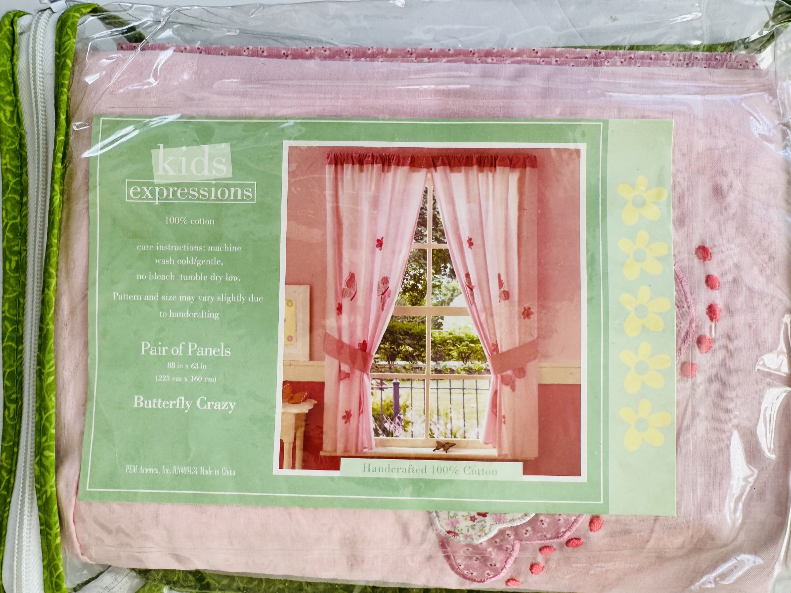 2 Curtain Panels & tiebacks ~ embroidered, appliqued BUTTERFLIES on pink NEW