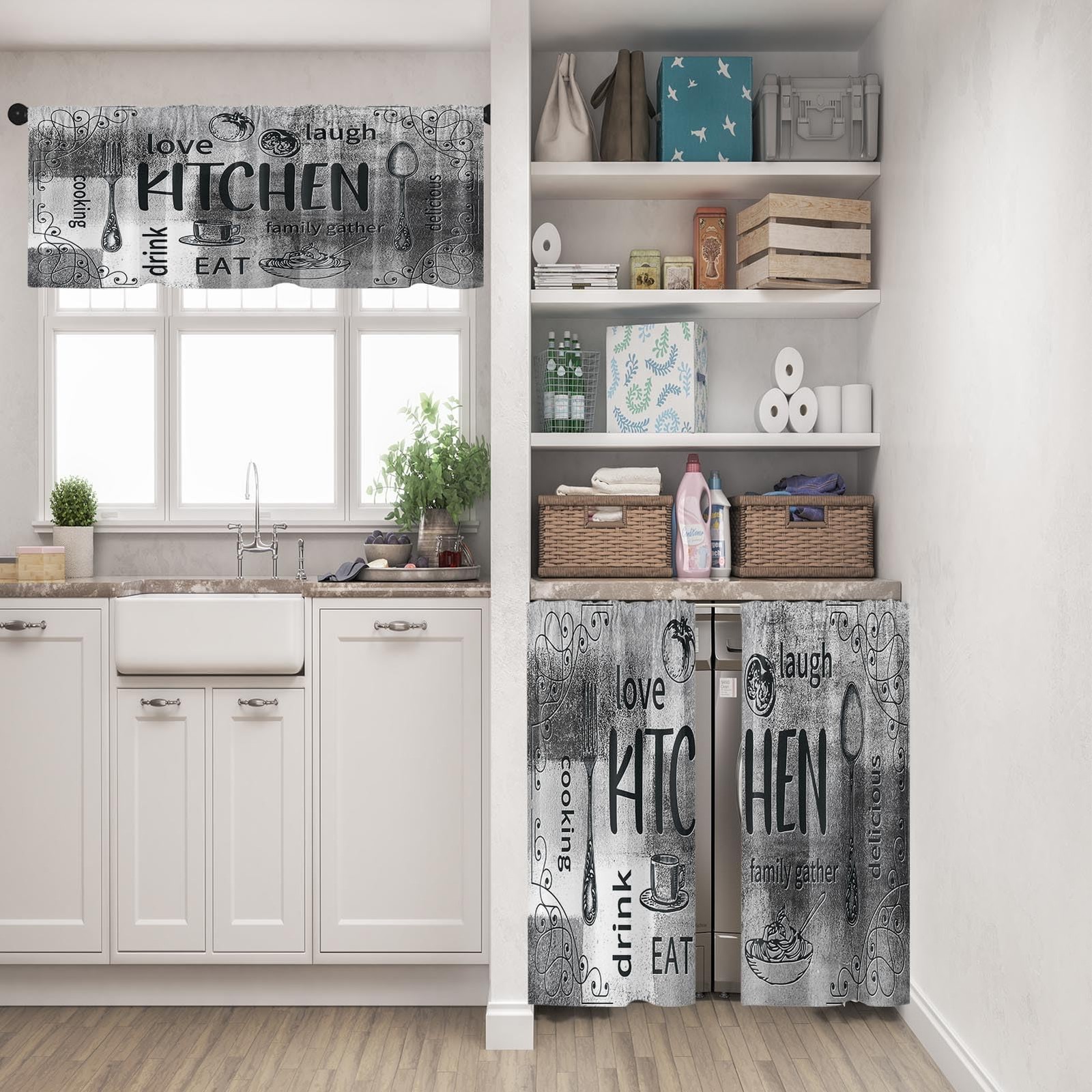 Farmhouse Chef Kitchen Window Curtains Valance and Tier Set, Modern Doodle Ab…
