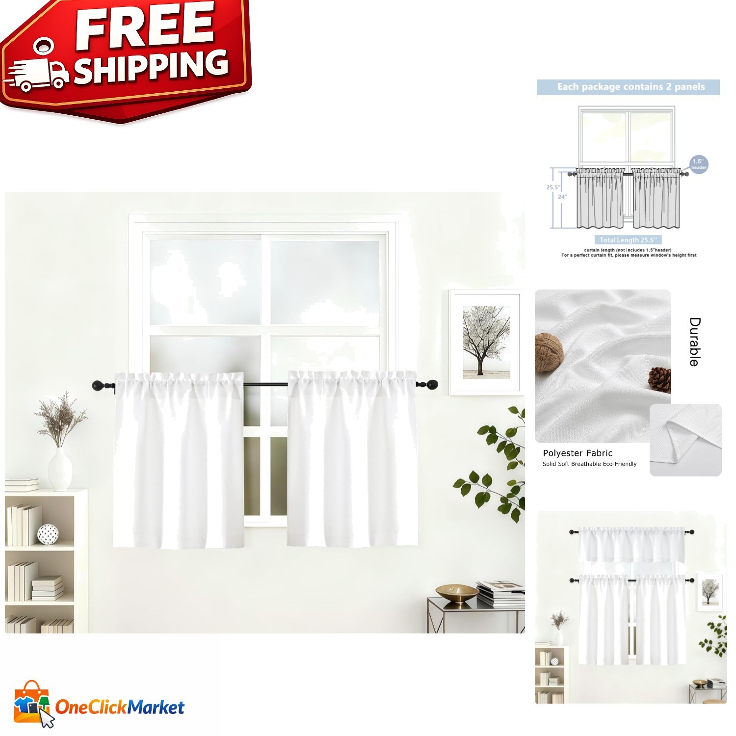 Soft Faux Linen Kitchen Curtains 2 Pcs, Light Filtering Tiers for Fresh Spaces