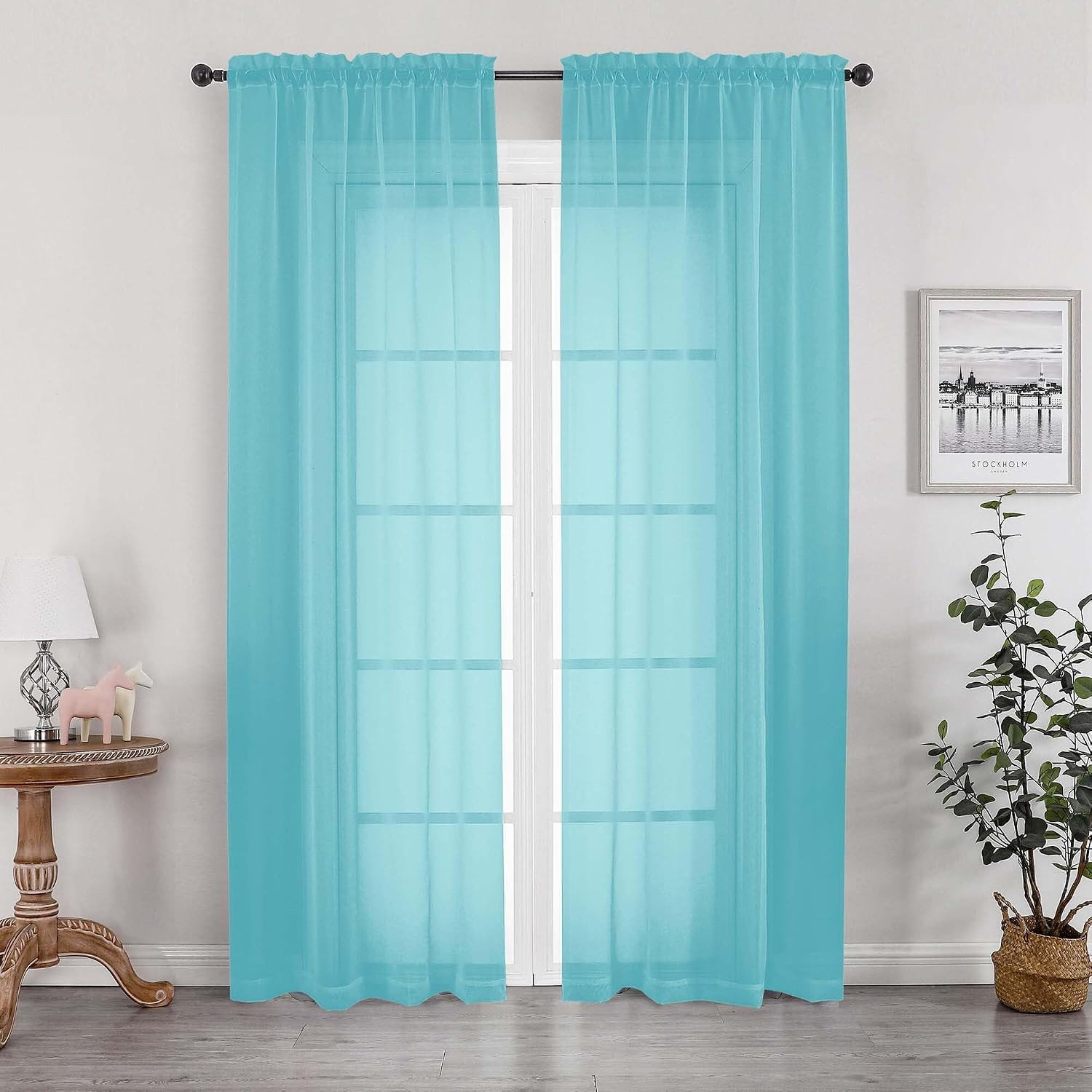 Aqua Sheer Curtains 84 Inches Long for 2 Panels Set, Solid Light Filtering Voile