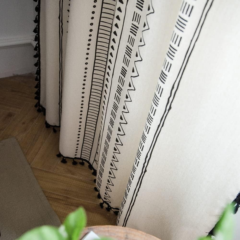 Bohemian Geometric Print Curtains 84” Long with Tassel – Cream & Black Elegance