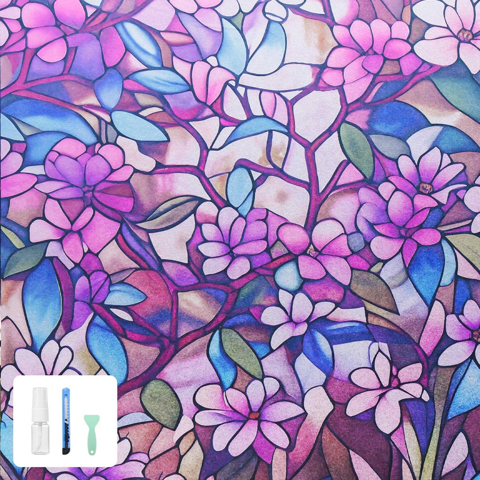 Window Privacy Film – Purple Floral Static Cling 24″x36″, Magnolias