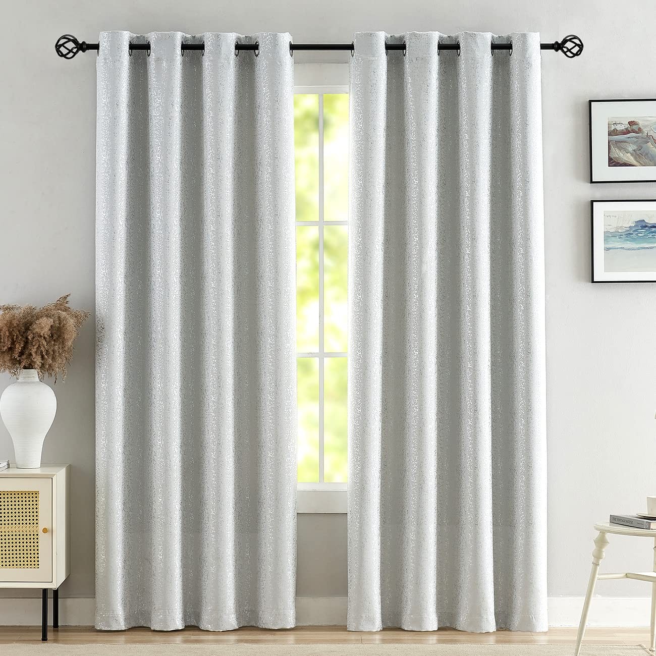 White Blackout Curtains with Silver Foil Dots 52×84 Inch 2 Panels