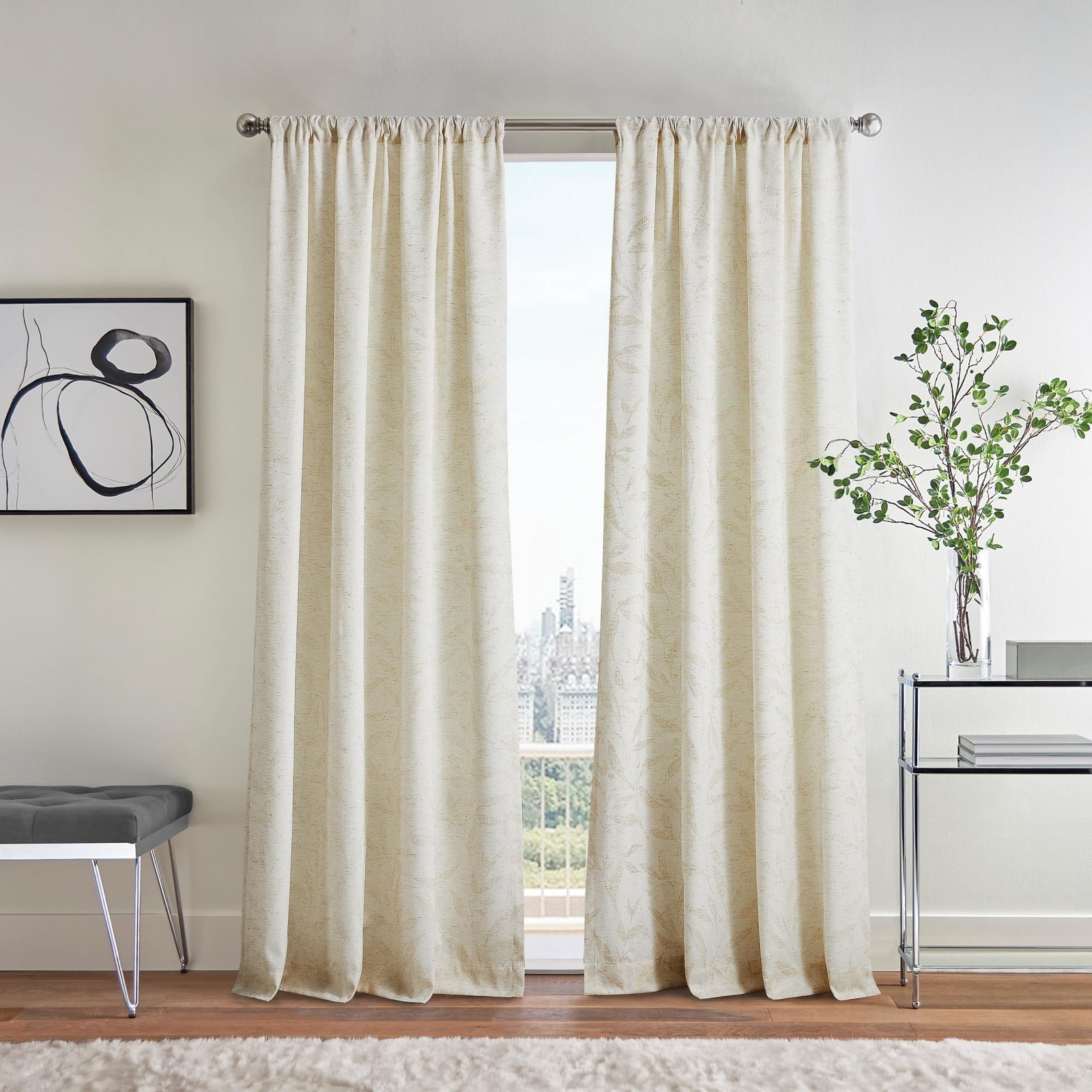 Cream Beige Light Filtering Window Curtains for Living Room – Metallic Leaf D…