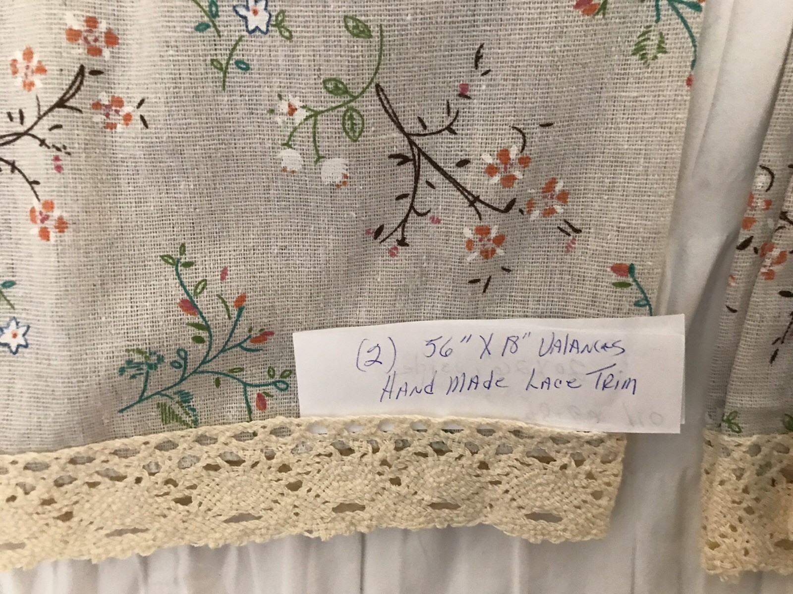 Set Of 2 Floral Valances Or Tiers With 2 Rows Of Lace 56×18” Each