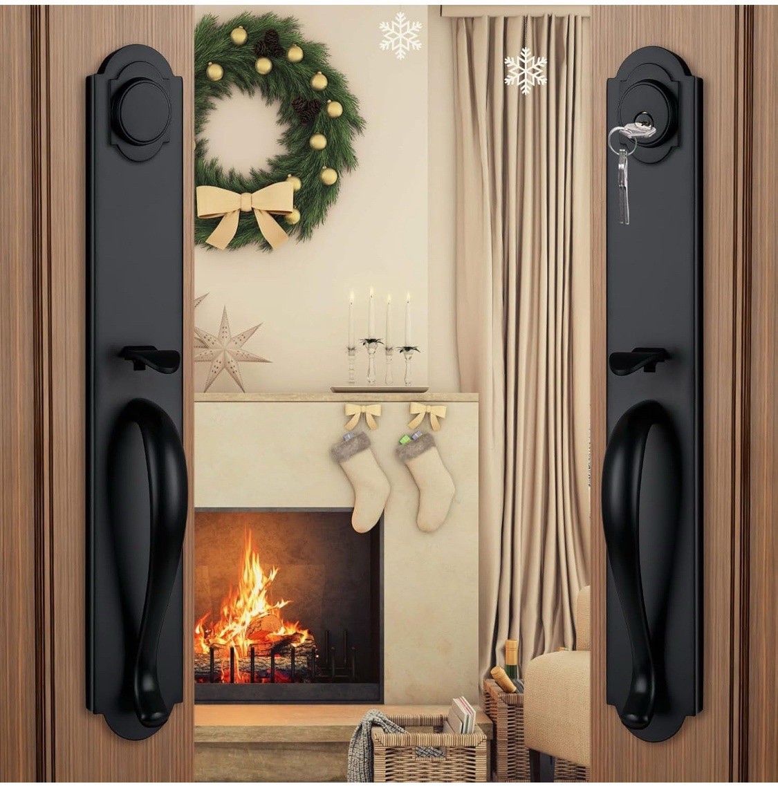 NEWBANG Matte Black Double Door Handle Set,(Keyed and Dummy Set),MDHST2018DB-…