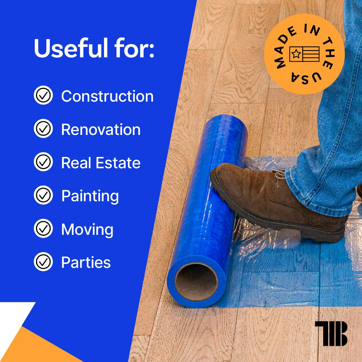 Blue Self-Adhesive Floor Protection Film 24″ x 500′ for Moving & Painting
