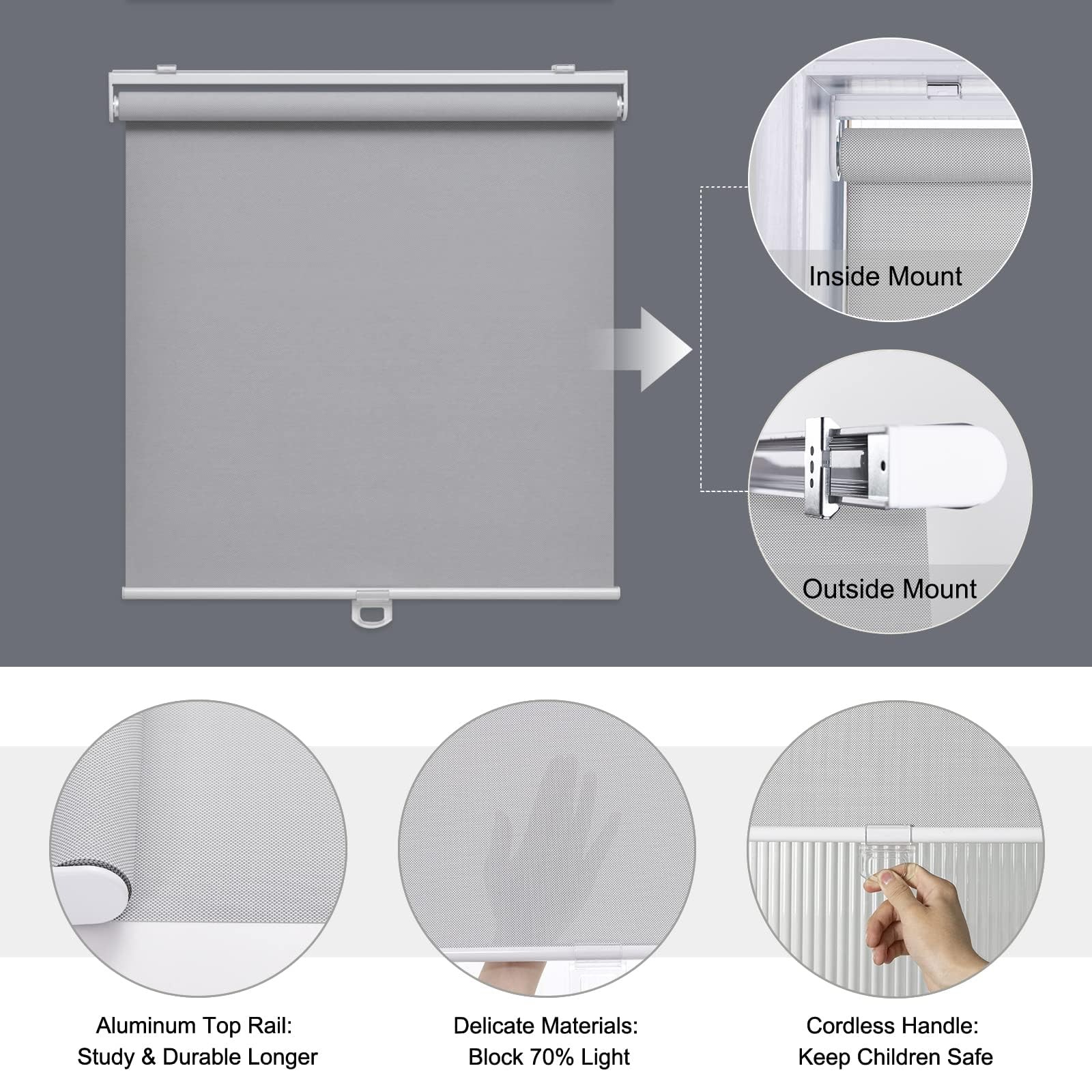 AOSKY Cordless Roller Shades Light Filtering 5% Openness Semi Sheer 28″ x 72″
