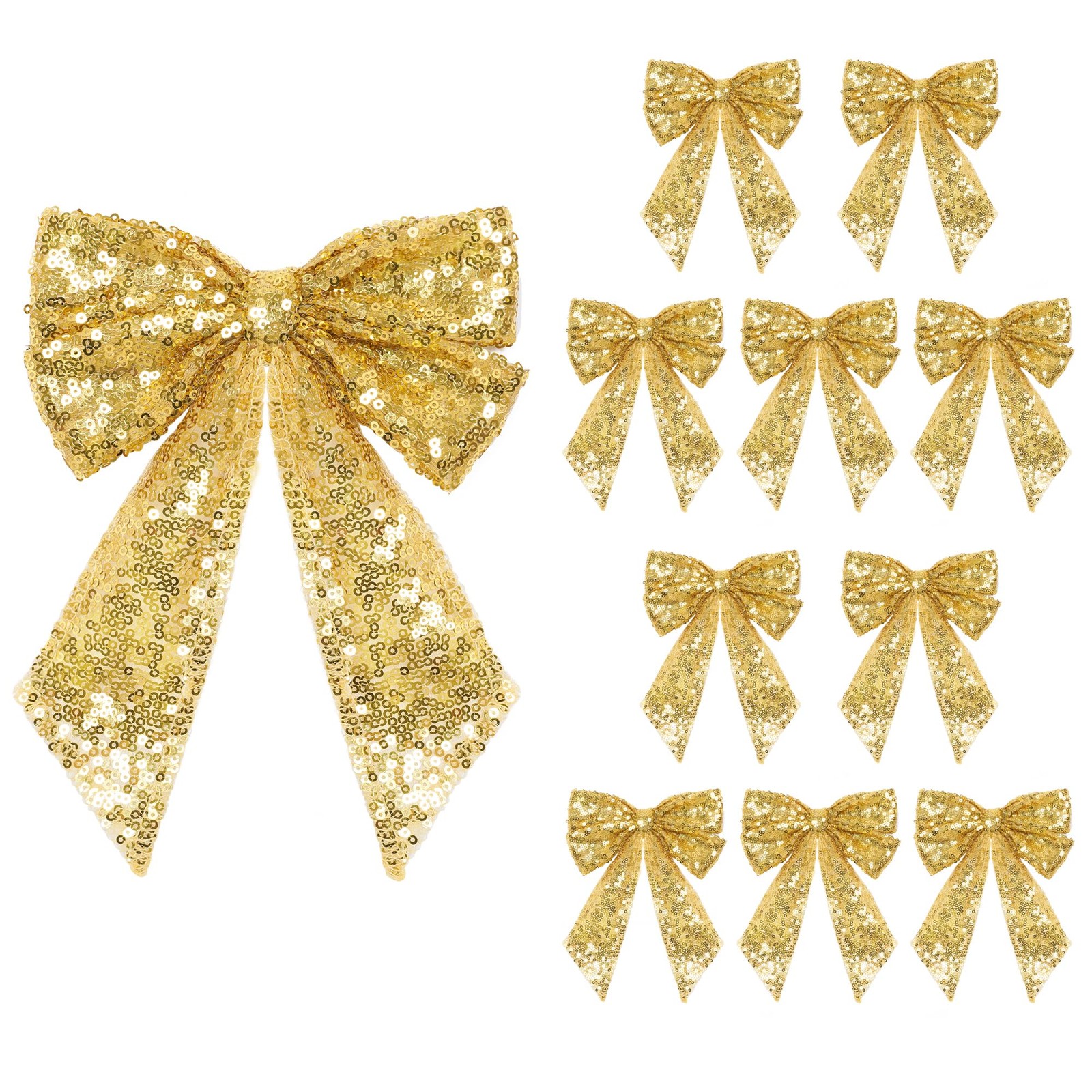 10 PCS Gold Sequin Christmas Tree Bows 6×8 Inch Ribbon Tie Party Decor