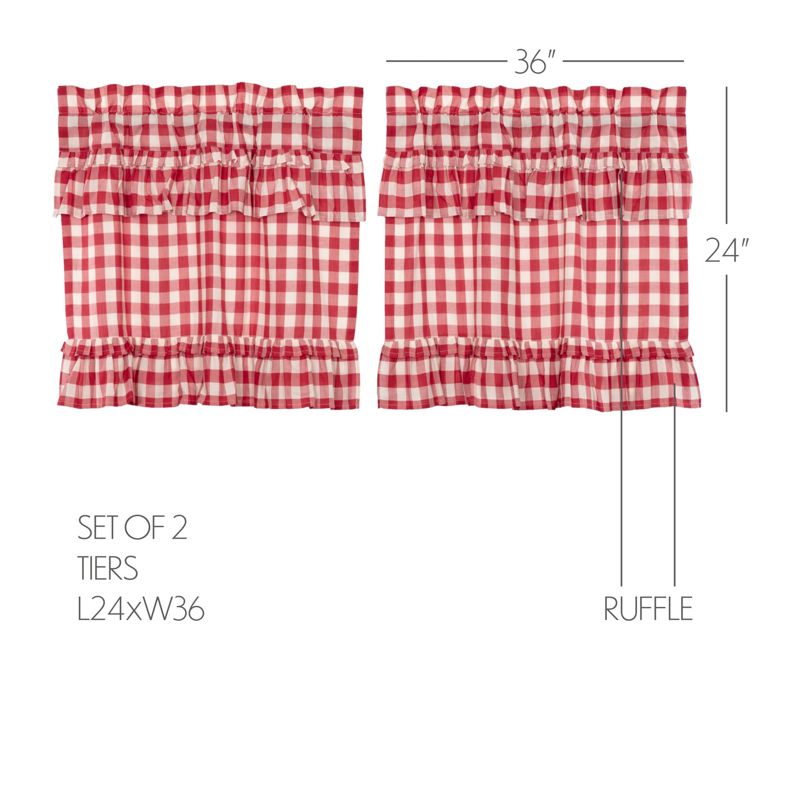 Farmhouse 24″x36″ Tier Pair Red Rod Pocket Kitchen Window Curtains VHC Brands