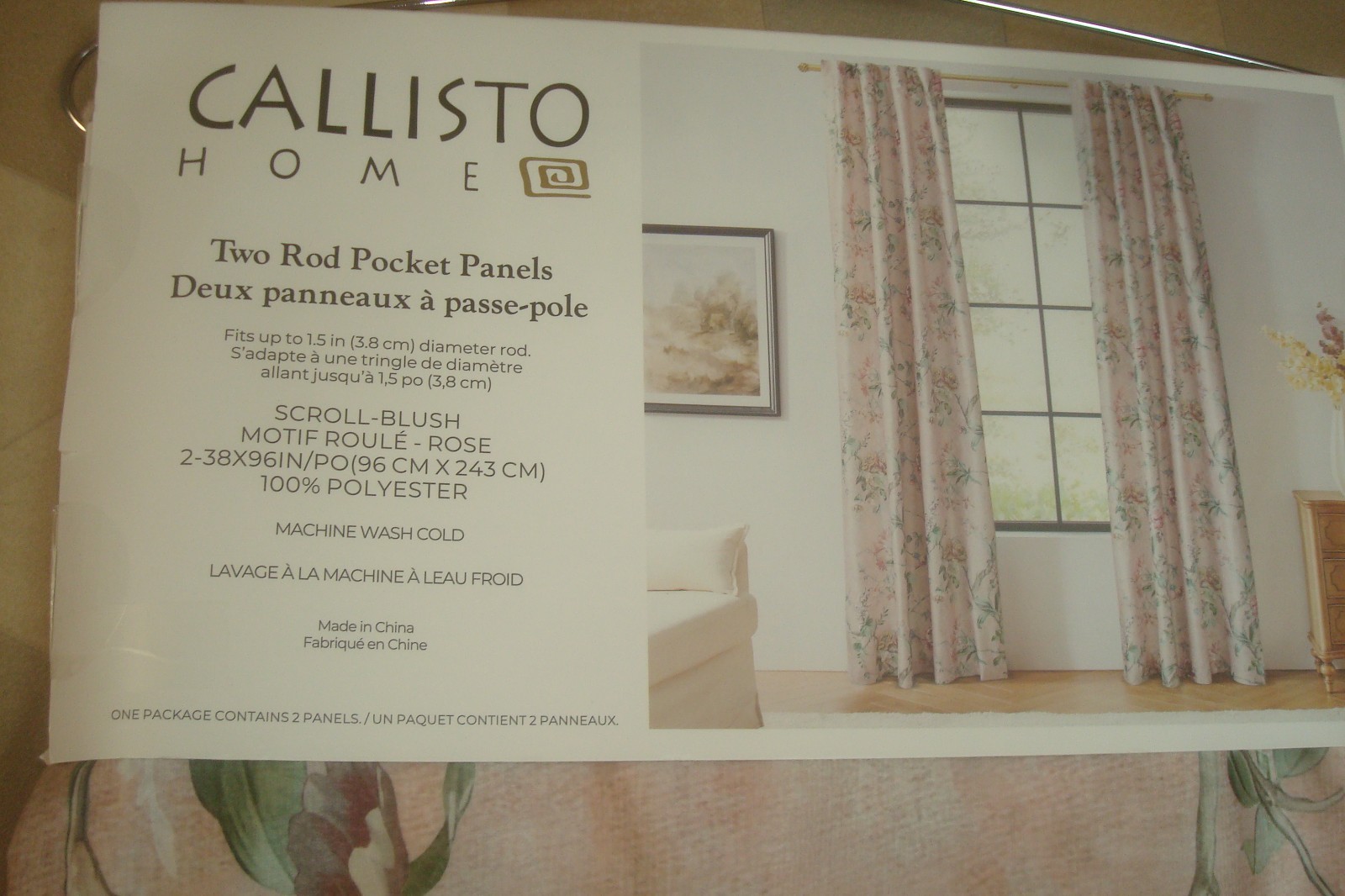 NWT Callisto Home Window Panel Curtains 2 pc Floral Scroll Lt Blush 38 x 96″ lg