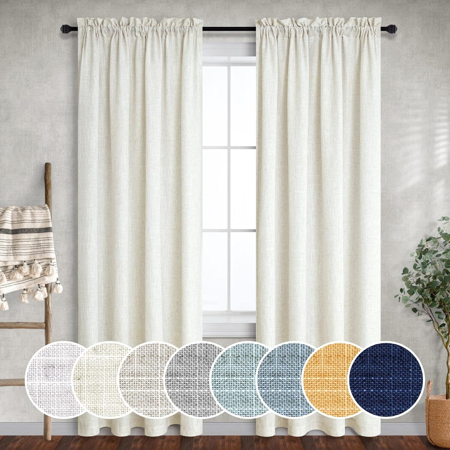 36×84 Inch 2 Panels Length Rod Pocket Sheer Linen Blended Curtains for Windows