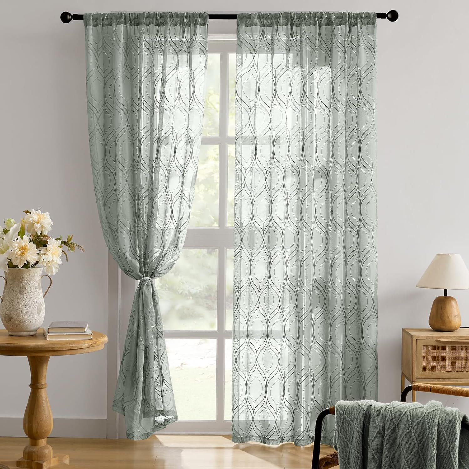Sage Green Sheer Curtains, 52 X 63 Inch Length Moroccan Embroidered Pattern Rod