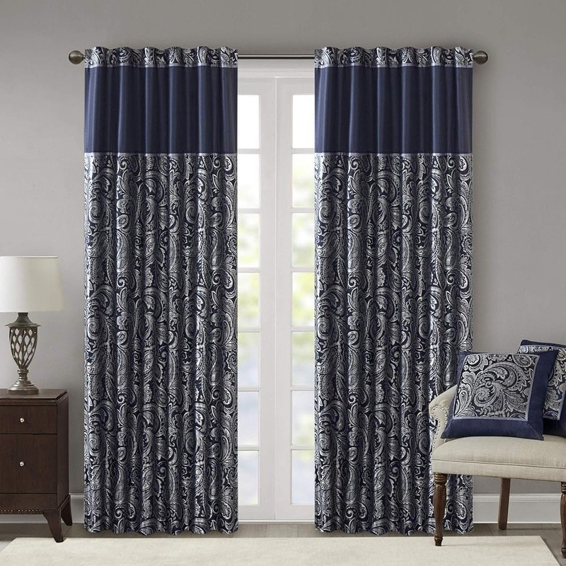 Elegant Paisley Jacquard Room Darkening Curtain Panels Set of 2 Faux Silk Piping