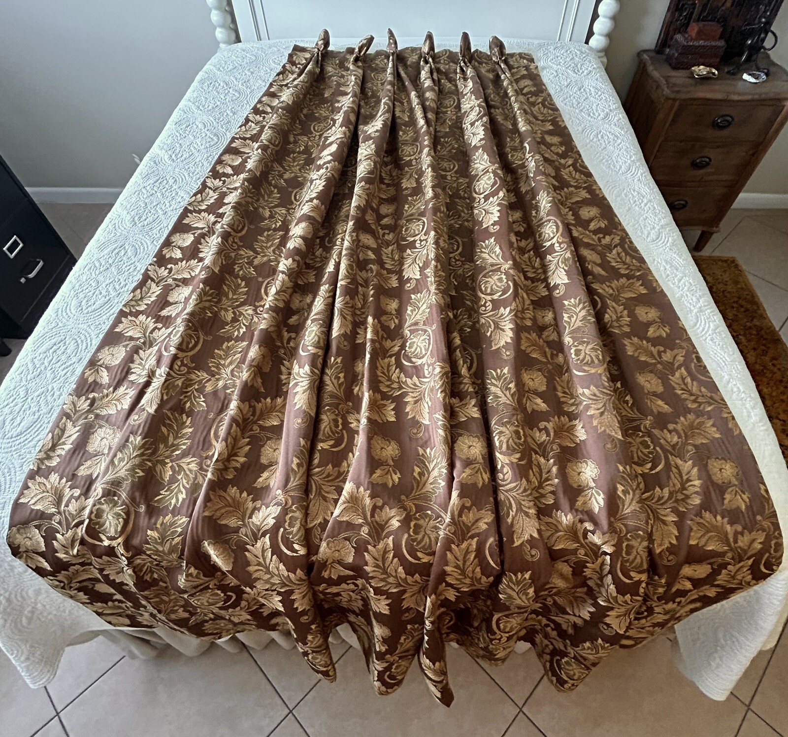 3 Custom Brocade Drapery Panels Pleated Lined 88”L Gold & Olive Green On Brown