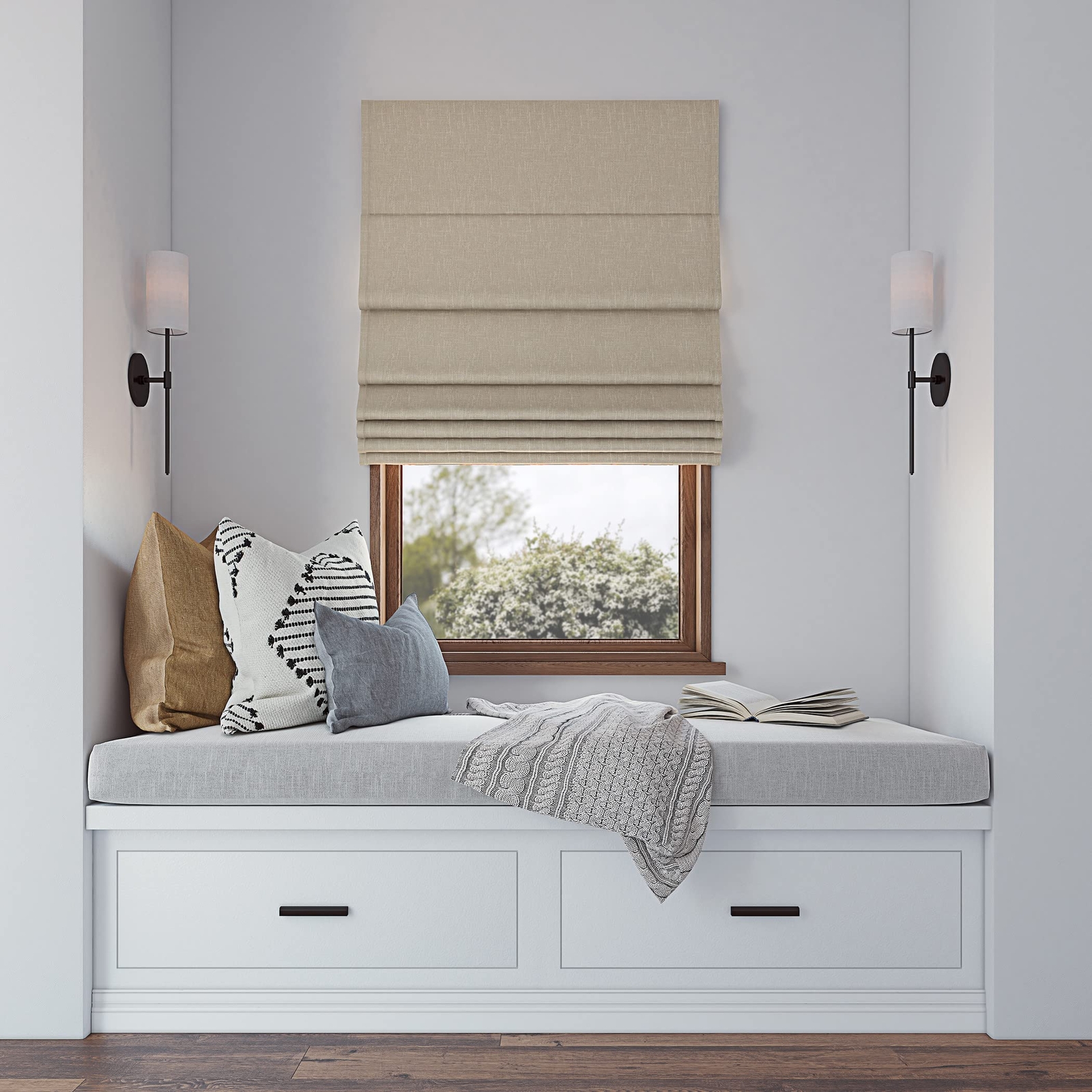 Sun Zero Preble Textured Total Blackout Cordless Roman Shade, 31″ x 64″, Beige