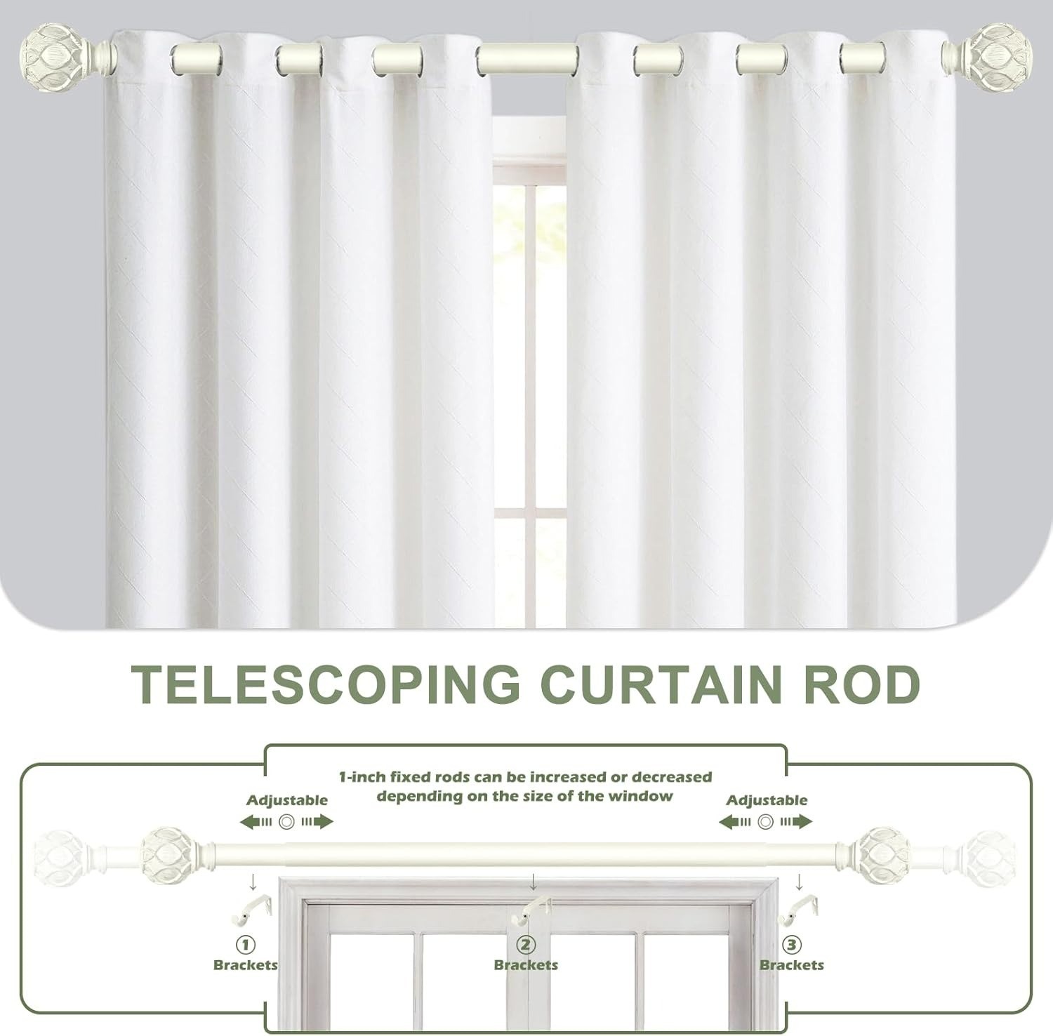 2PK White Curtain Rod 36″-88″ Adjustable Heavy Duty Boho Drapery Rod w/ Finials