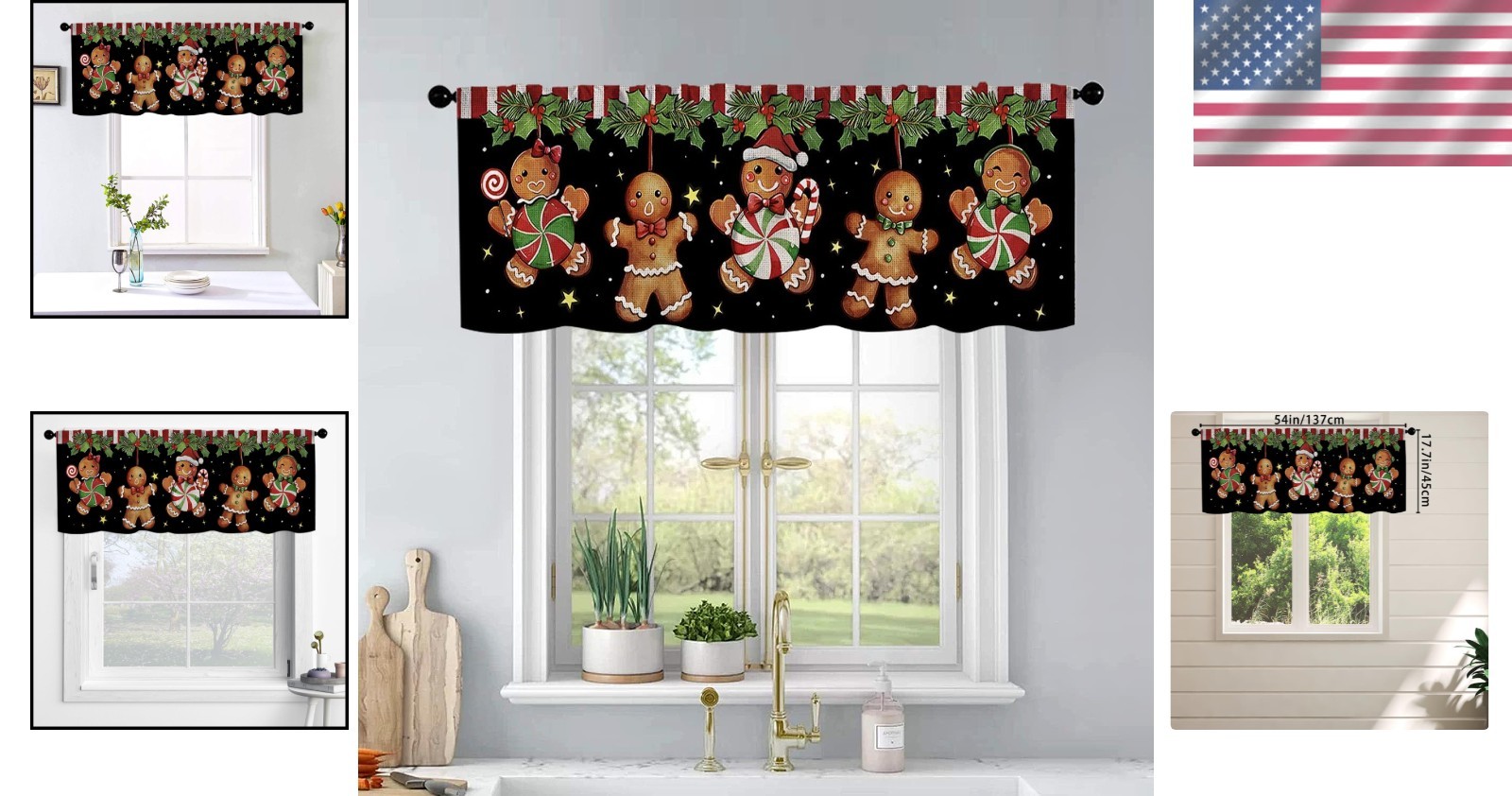 Christmas Valance Curtains Gingerbread Man Design 54×18 Inch Window Treatment