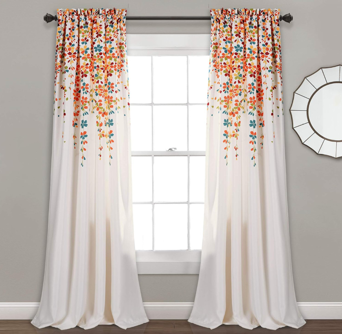 Set 2 Blue Orange White Floral Vines Curtains Panels Drapes 84 inch L Darkening