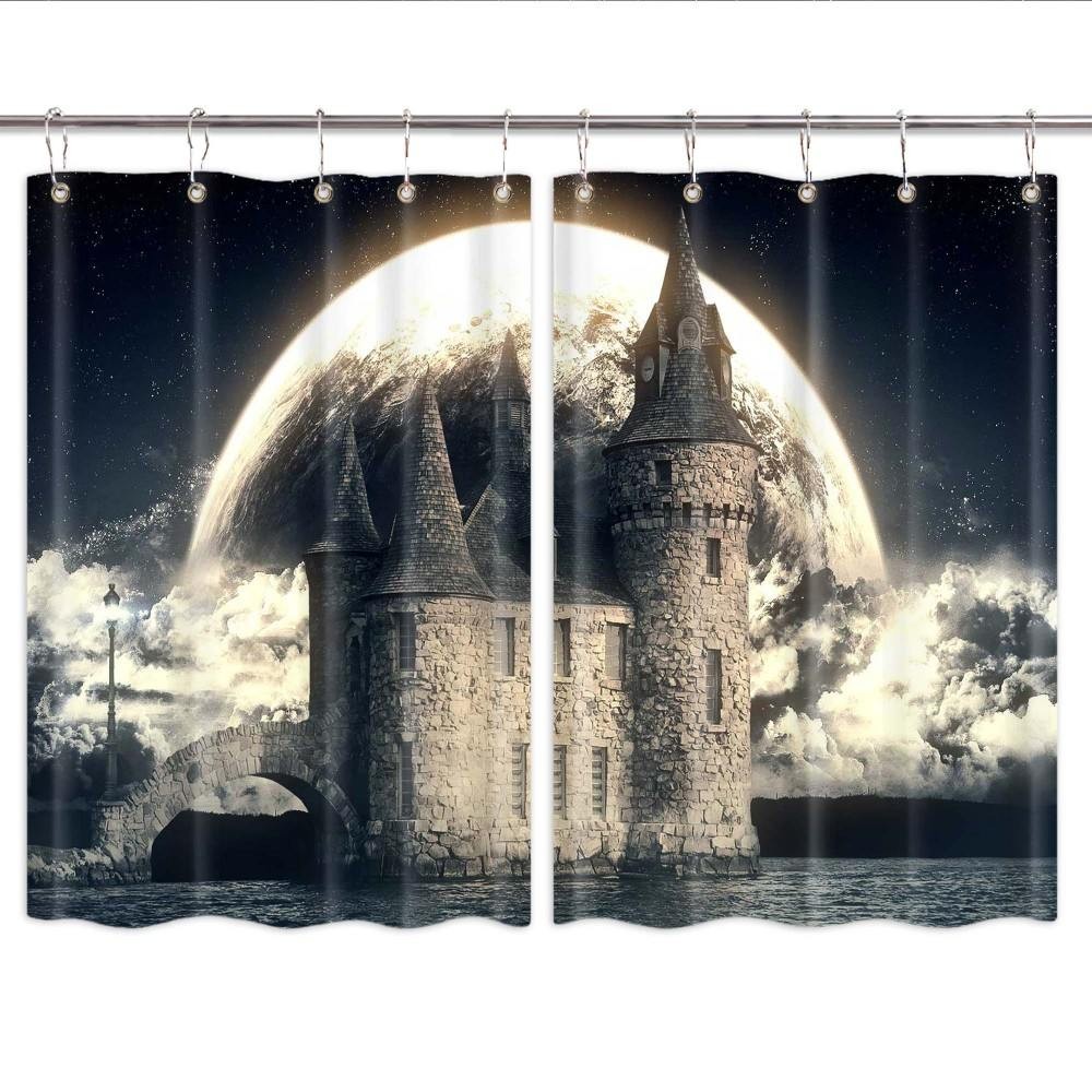 Gothic Fantasy Castle Kitchen Curtains Window Drapes 2 Panel Set with Hooks