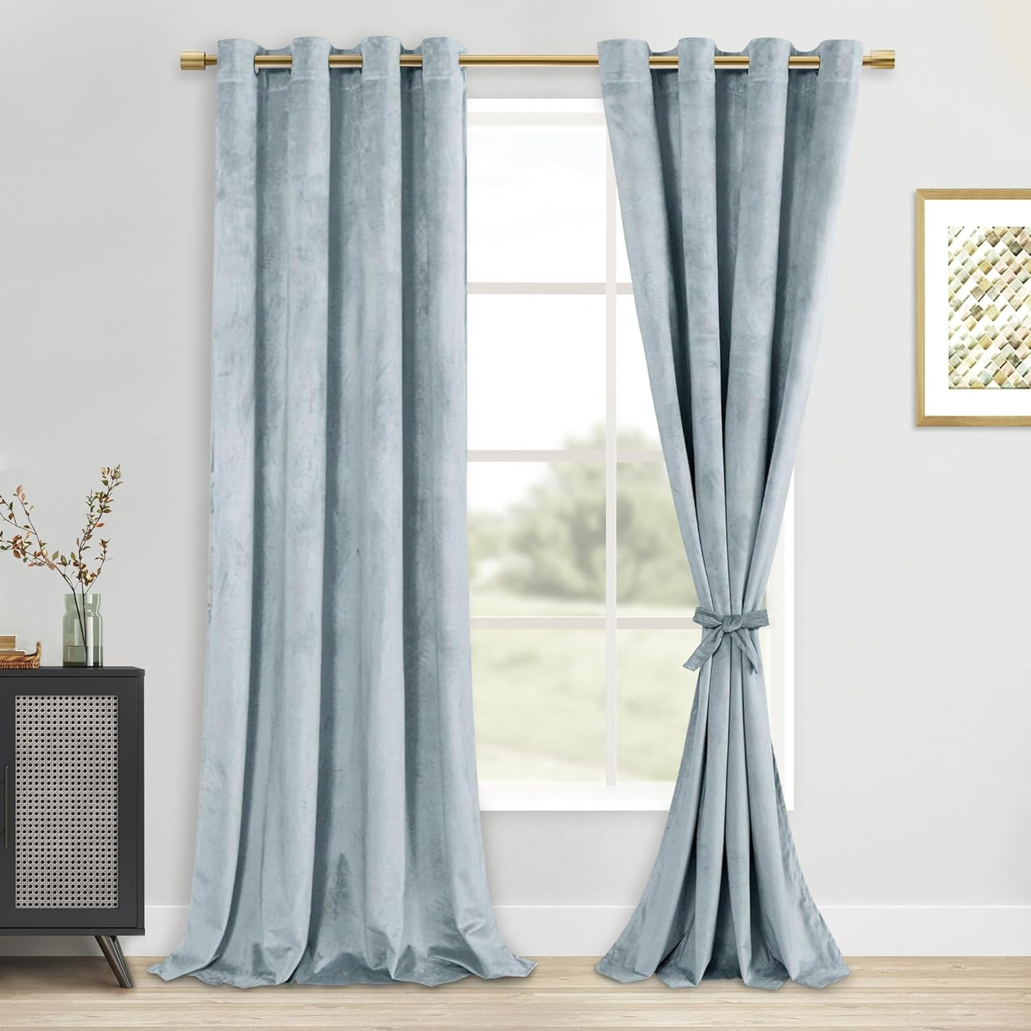 108″ Velvet Blackout Curtains, Grommet Tieable, 2 Panels, Stone Blue
